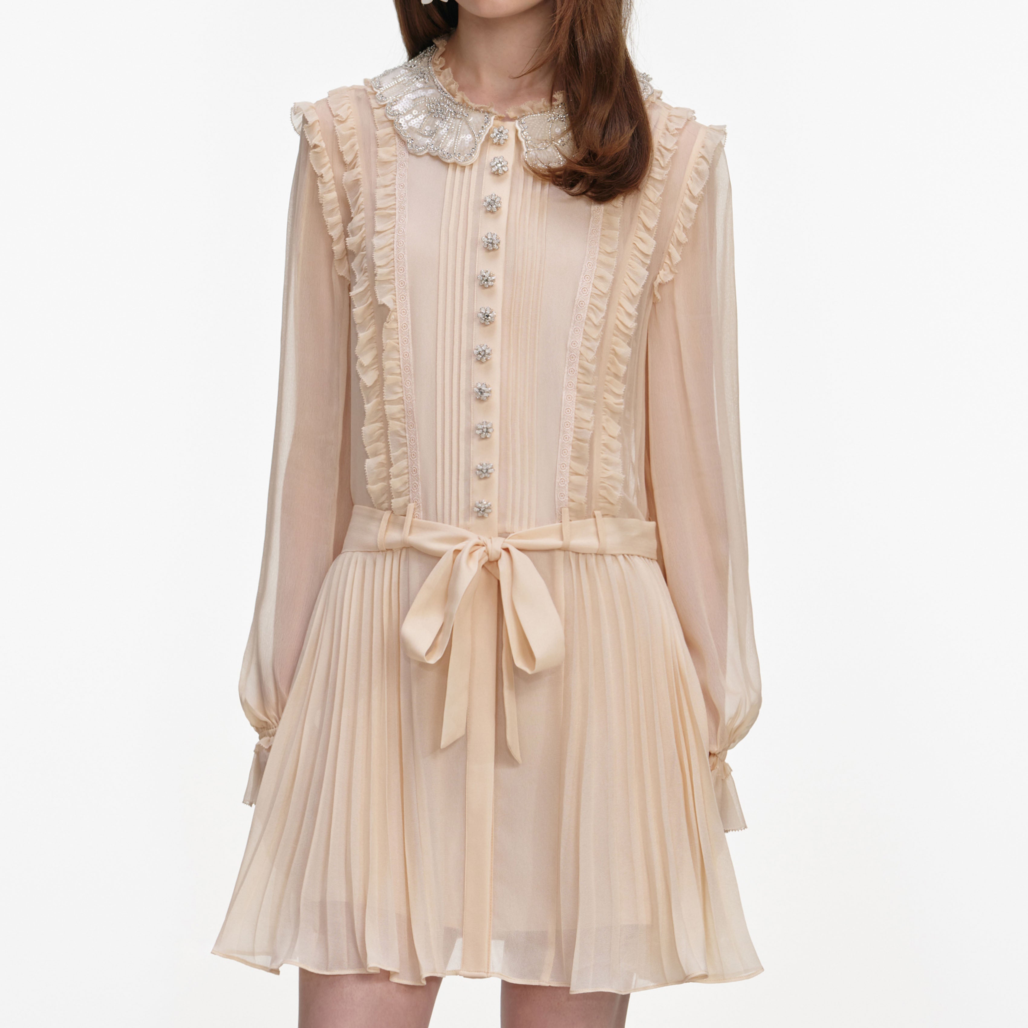 Tan Pleated Georgette Mini Dress – self-portrait