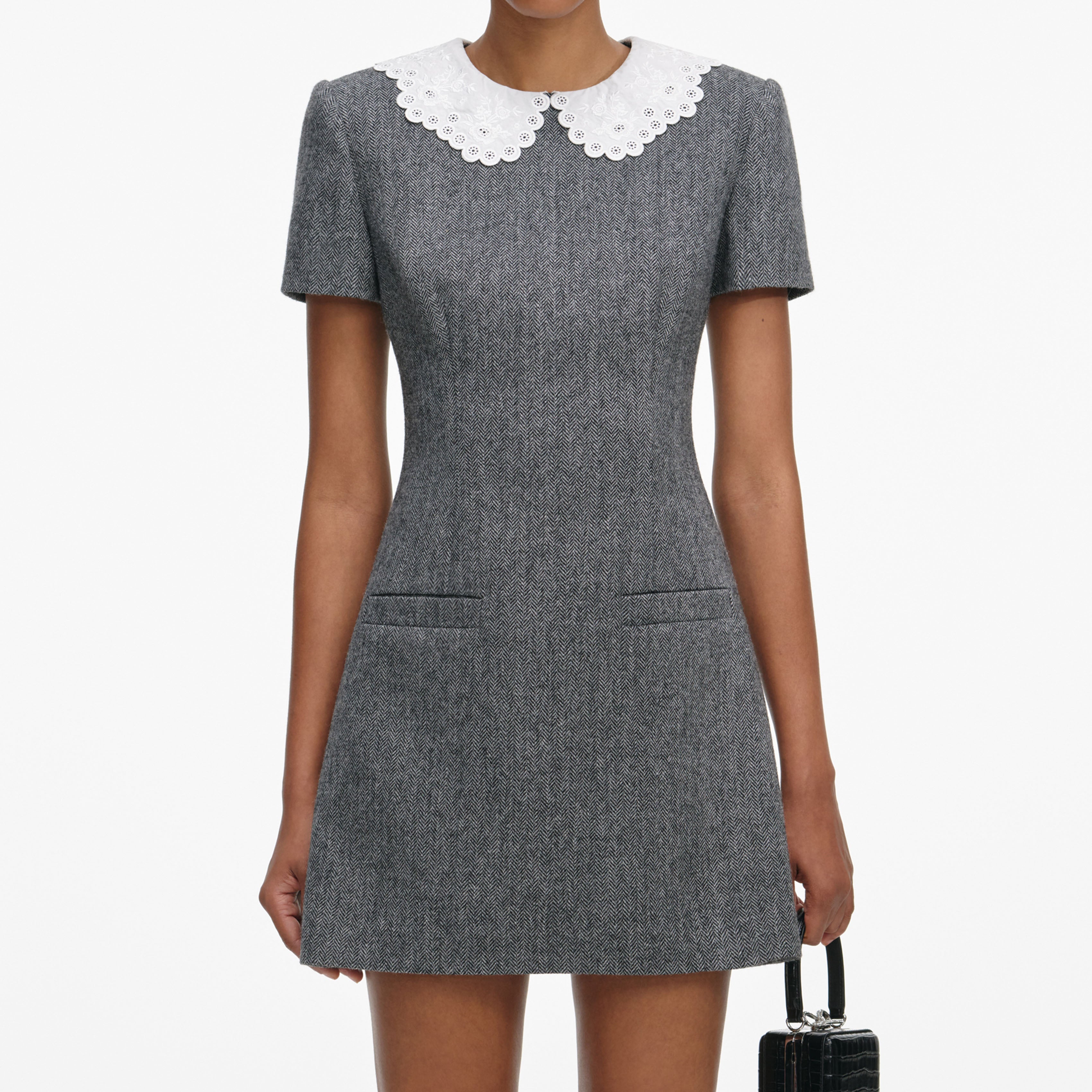 Grey Herringbone Collared Mini Dress
