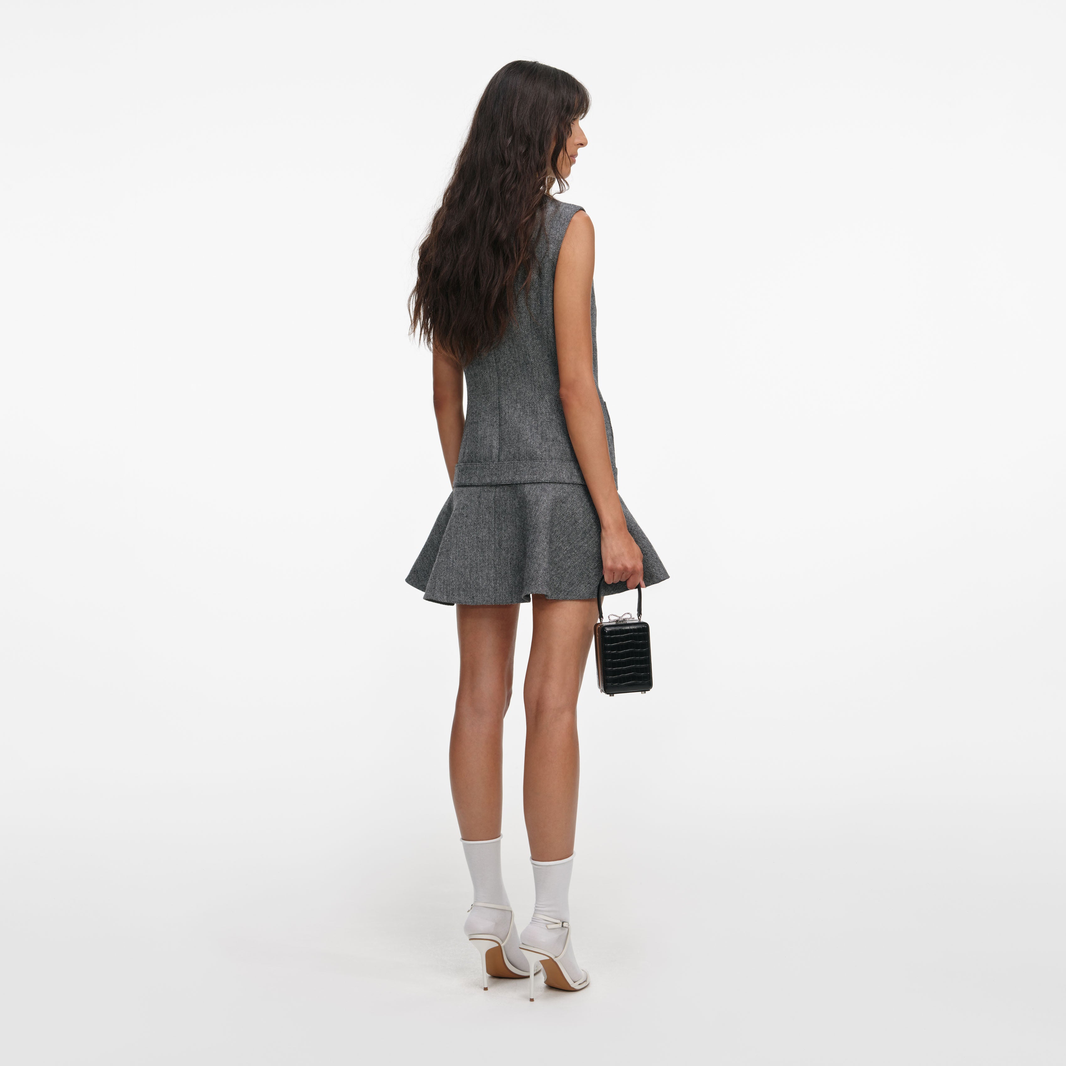 Grey Herringbone Flared Mini Dress – self-portrait