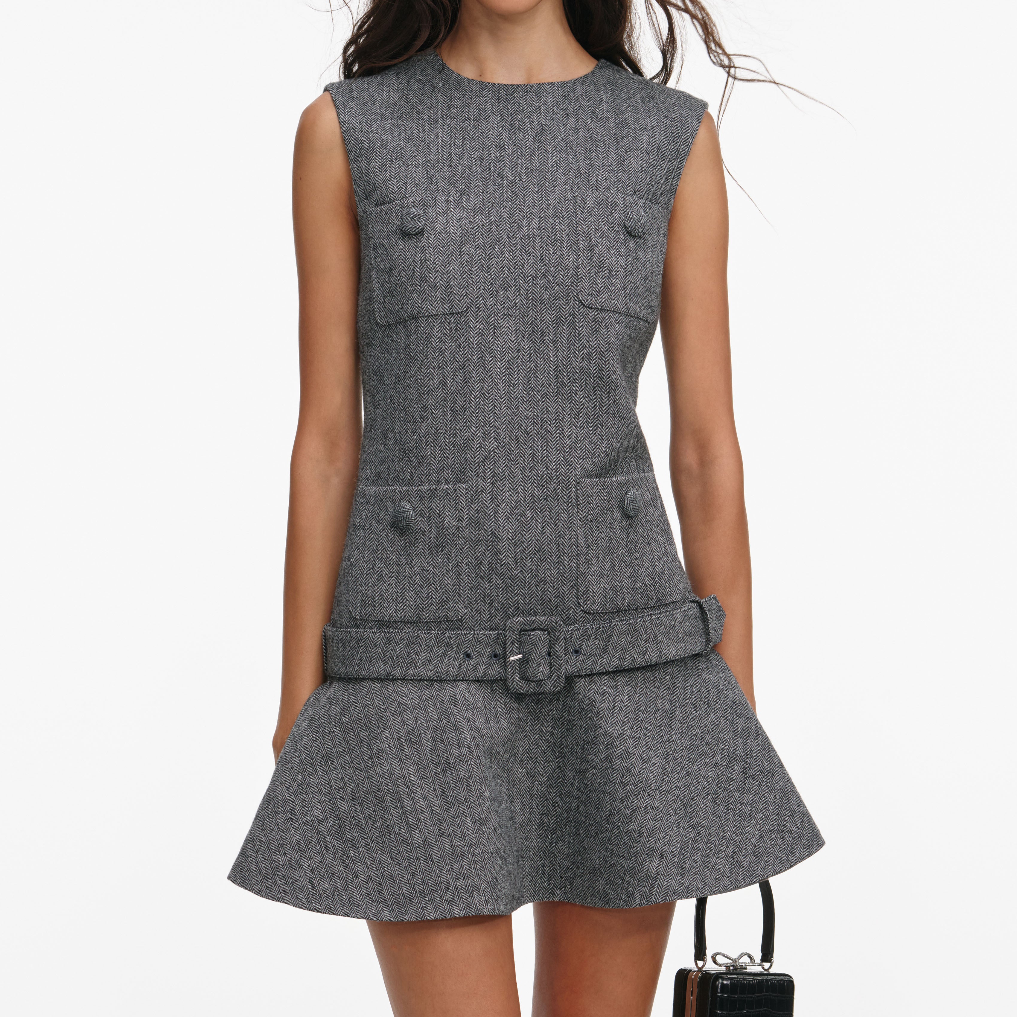 Grey Herringbone Flared Mini Dress – self-portrait