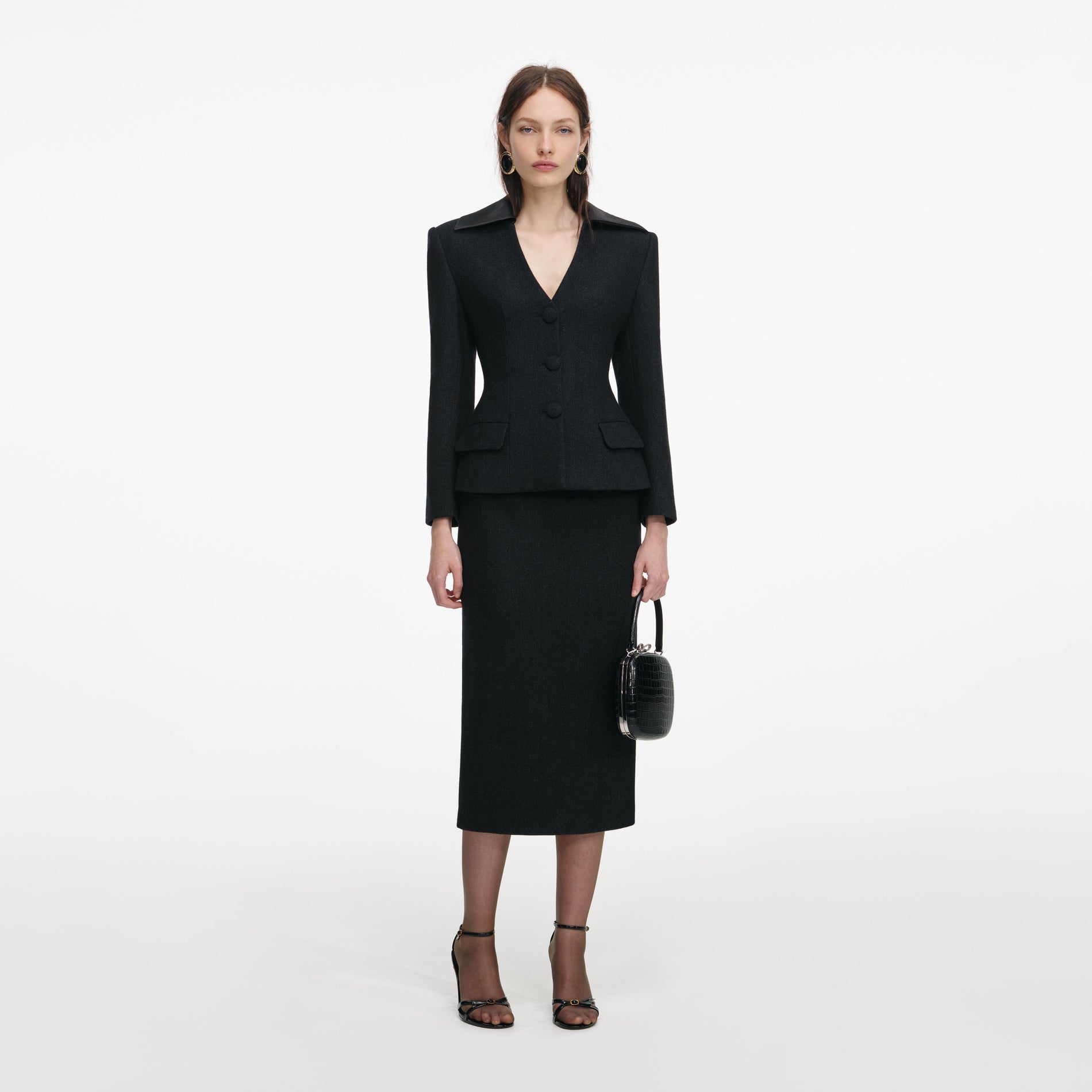 Front view of a woman wearing the Black Blazer Tailored Midi Dress