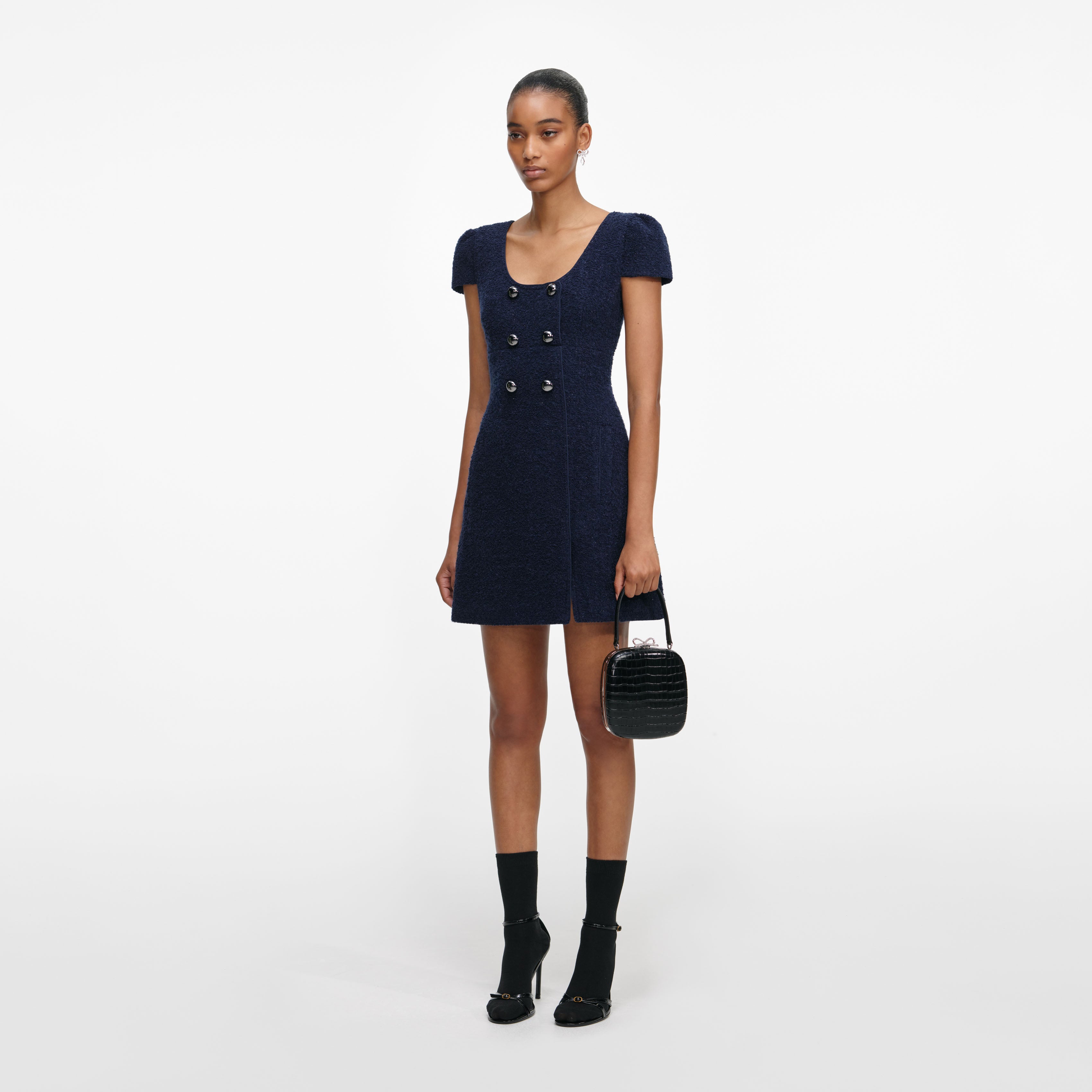 Navy Textured Boucle Mini Dress – self-portrait