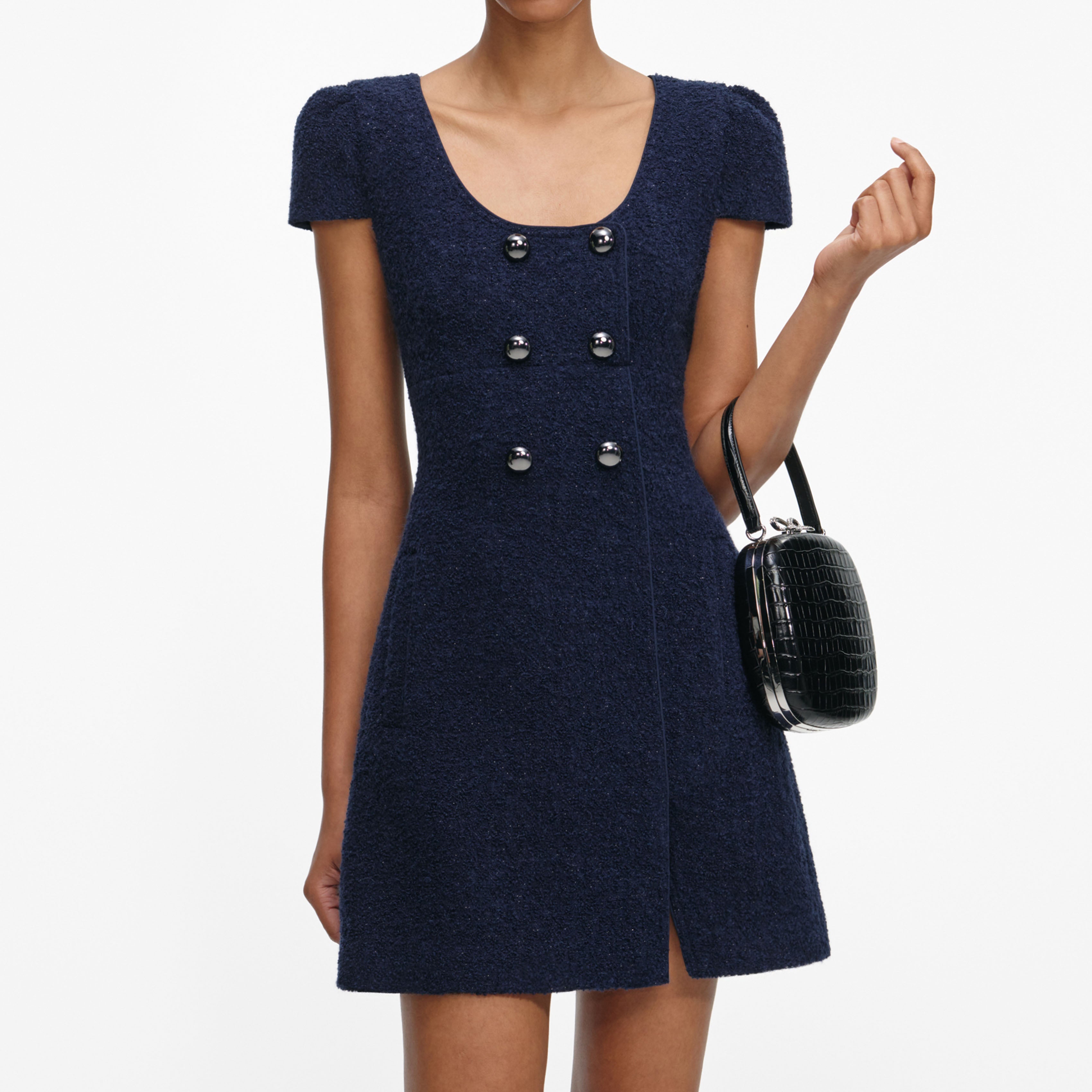 Navy Textured Boucle Mini Dress – self-portrait