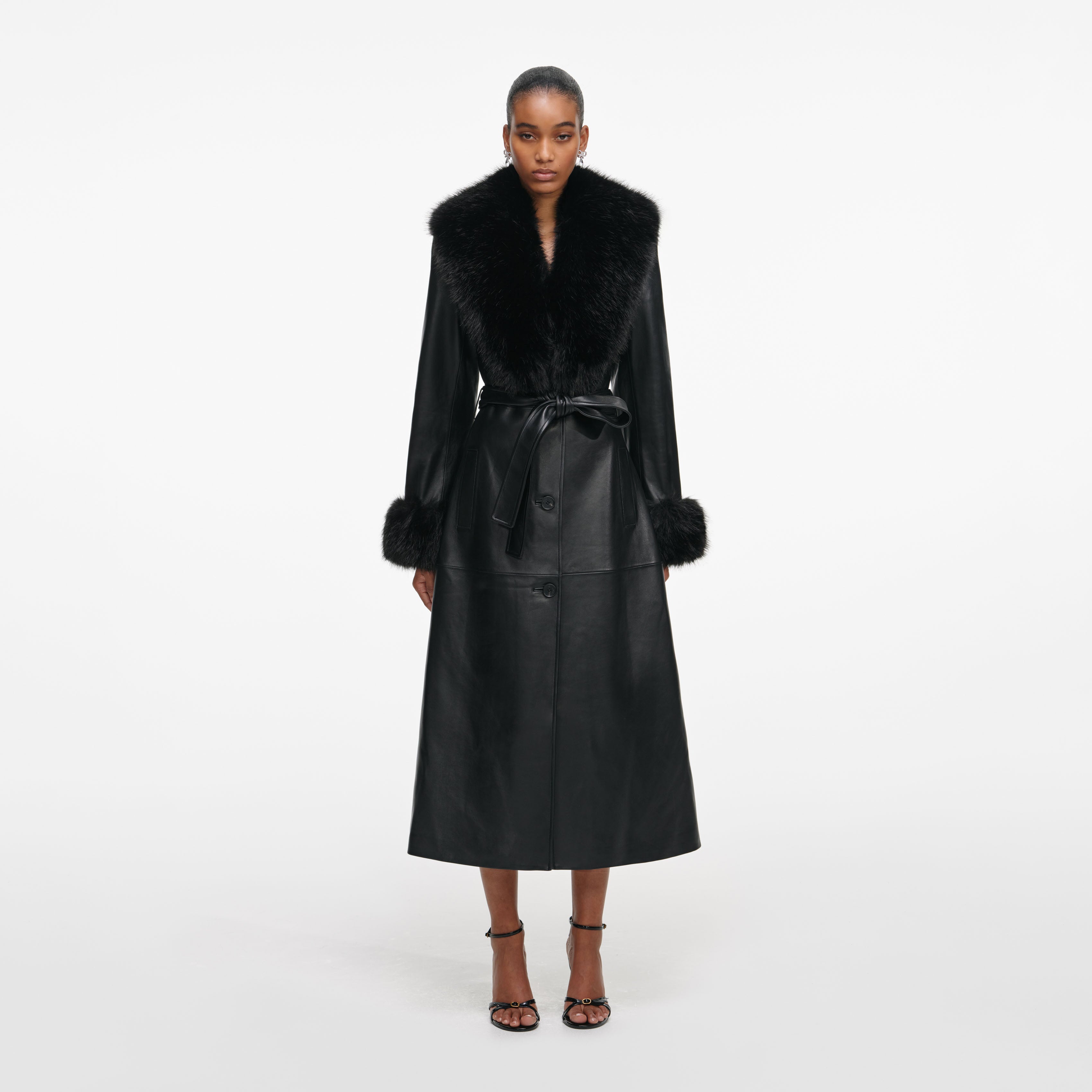 Black Leather Faux Fur Collared Coat