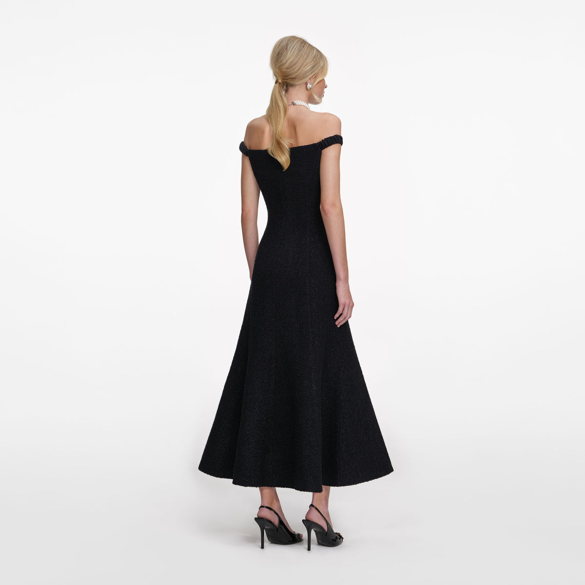self portrait off shoulder bouclé midi dress Black Boucle Midi Dress – self-portrait