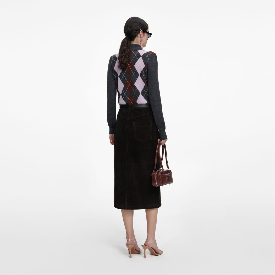 Back view of a woman wearing the Grey Argyle Lightweight Jumper