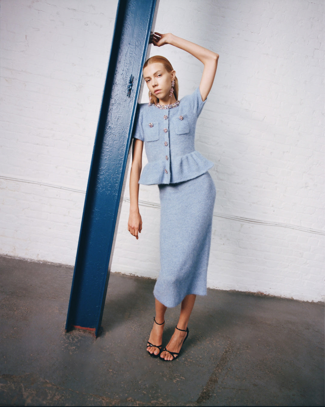 Blue Peplum Knit Midi Dress – self-portrait