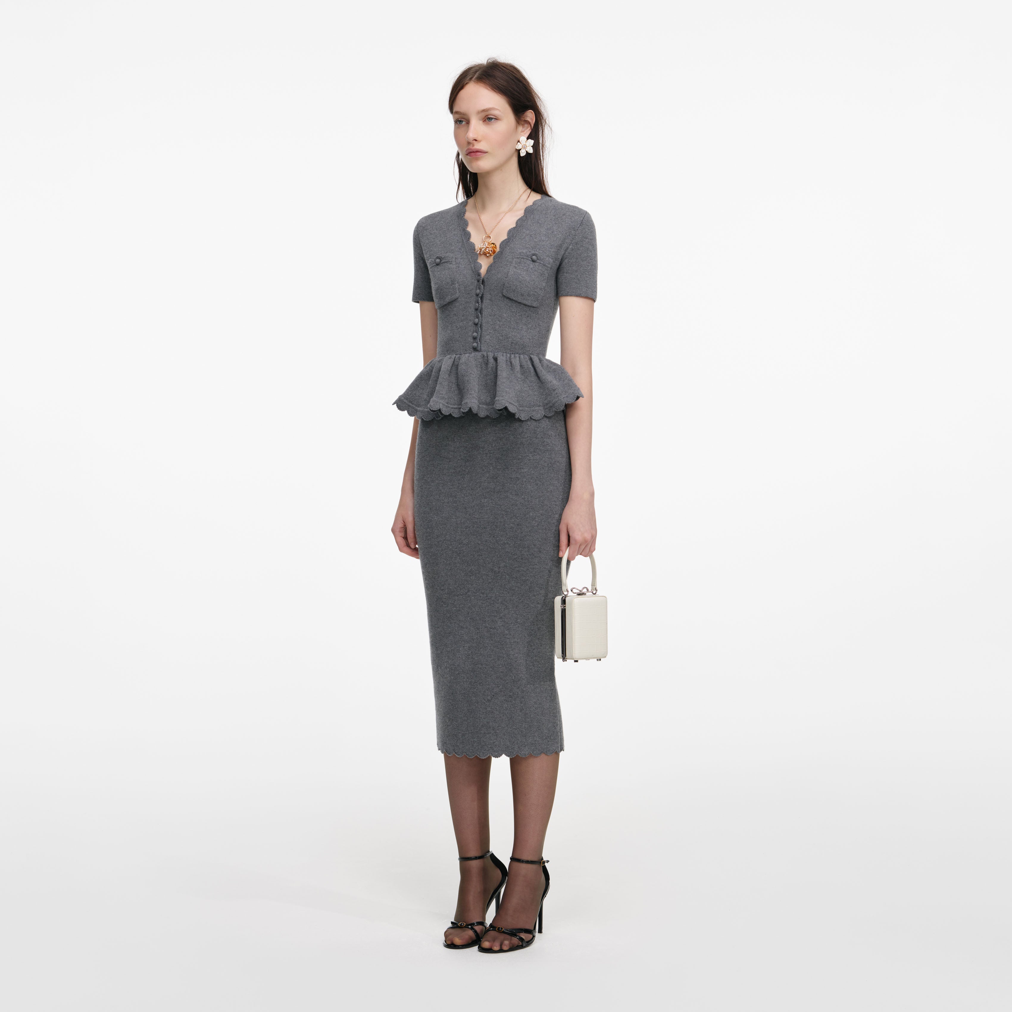 Grey Peplum Knit Midi Dress – self-portrait