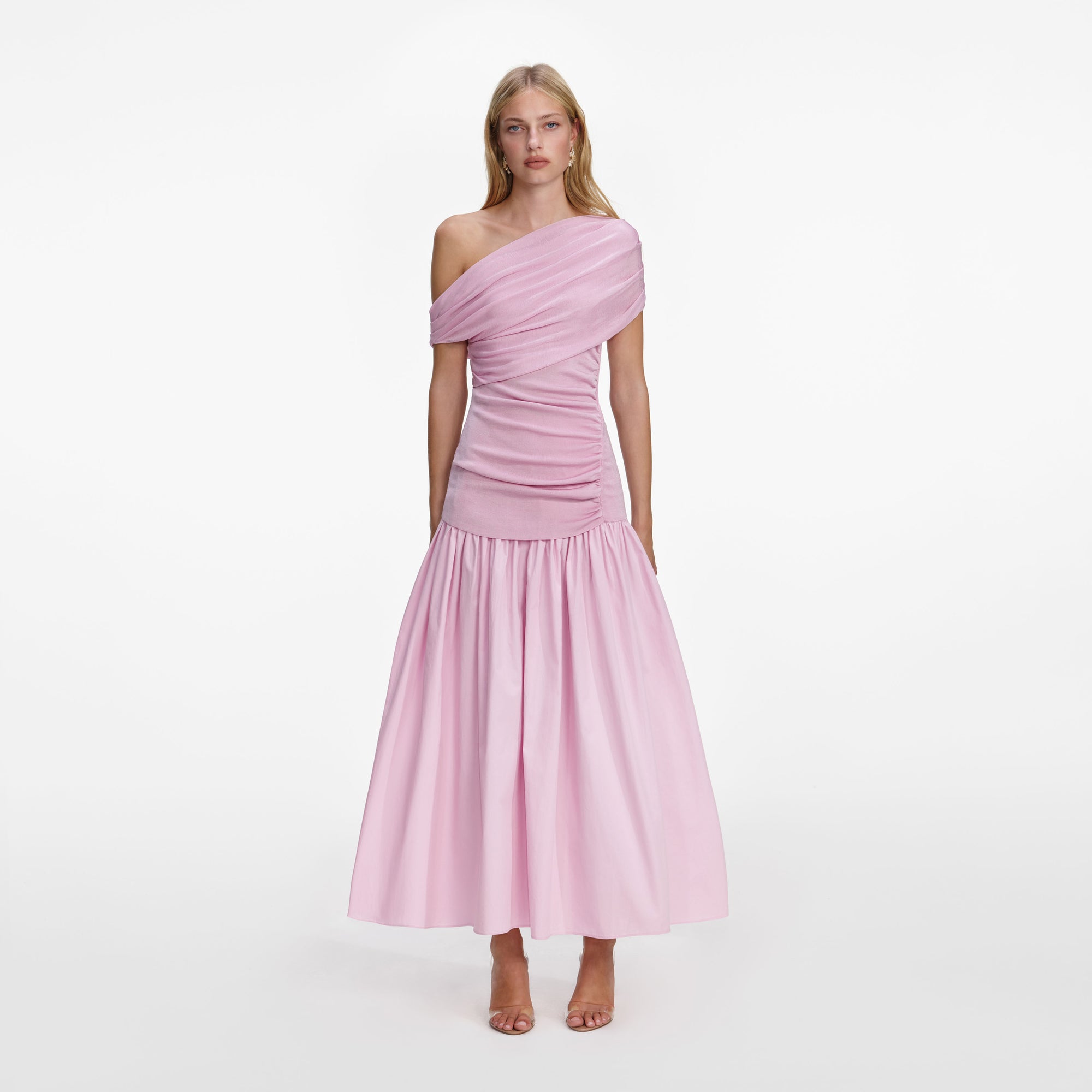 Front view of a woman wearing the Pink Cotton Draped Knit Midi Dress