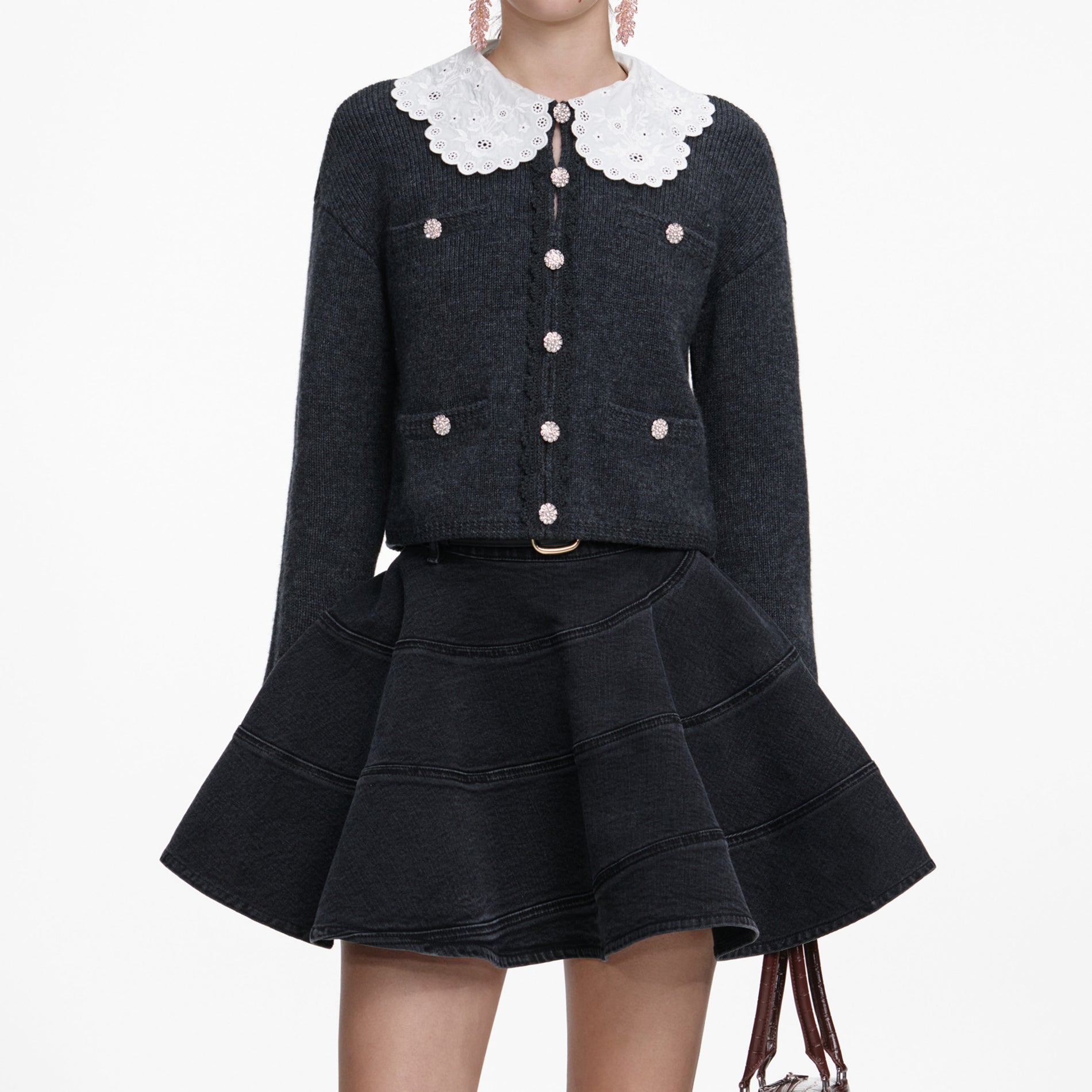 A close up of a woman wearing the Charcoal Lace Collar Cardigan