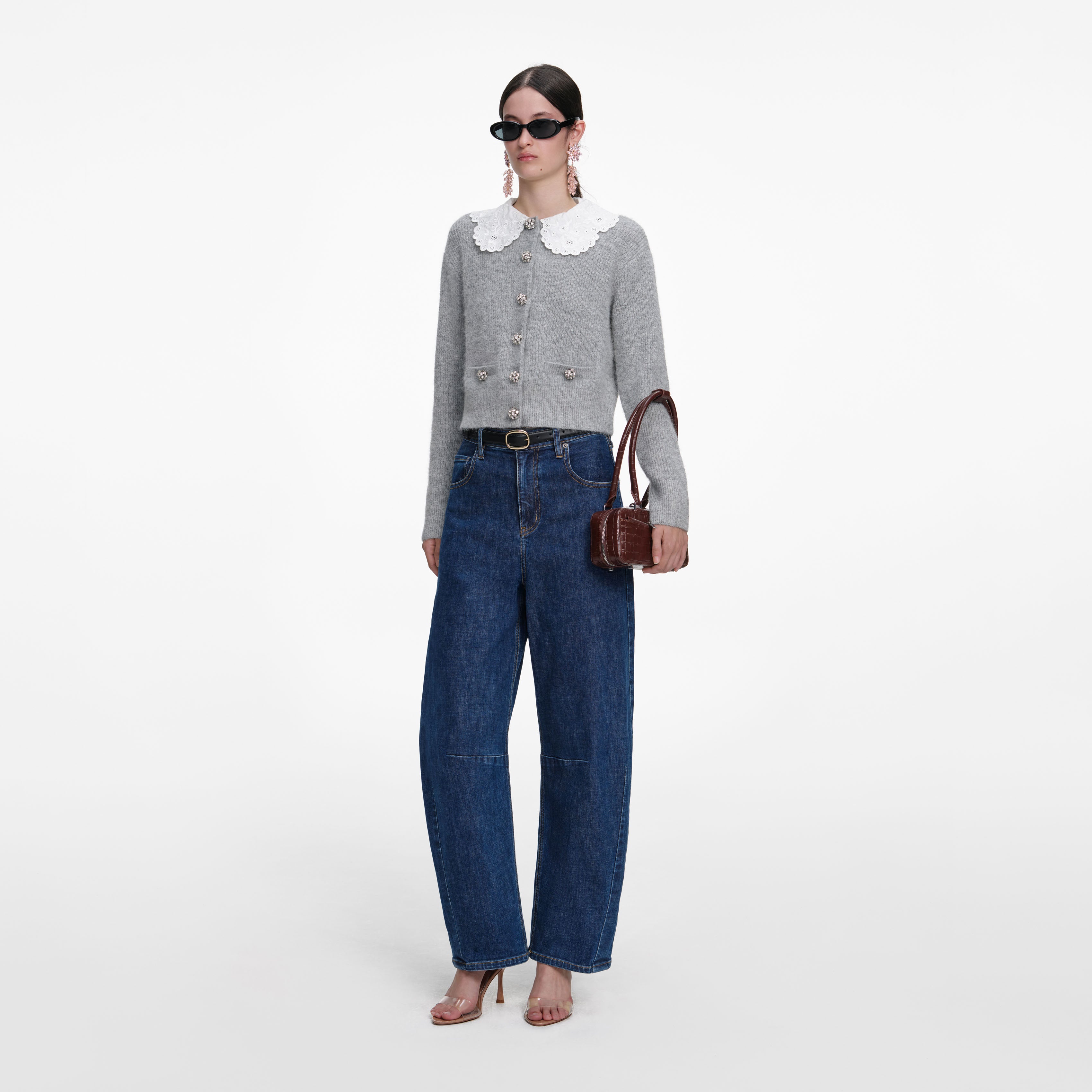 Grey Lace Collar Cardigan – self-portrait
