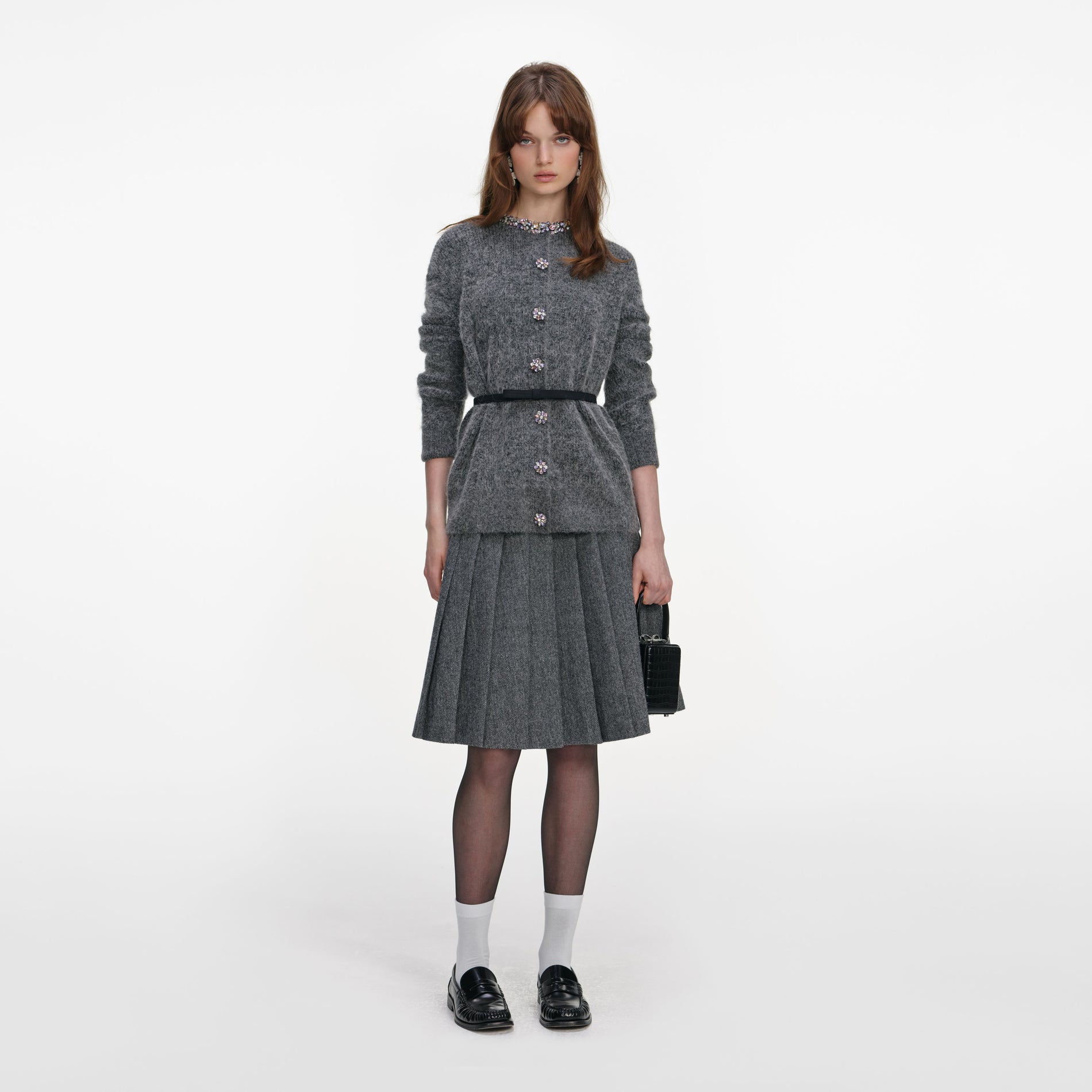 Front view of a woman wearing the Charcoal Crystal Trim Cardigan