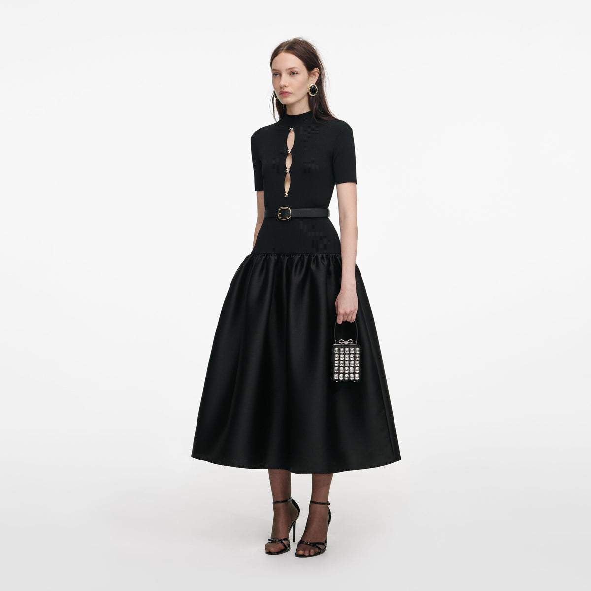 self-portrait black viscose knitted midi dress self-portrait - Black Textured Knit Peplum Midi Dress