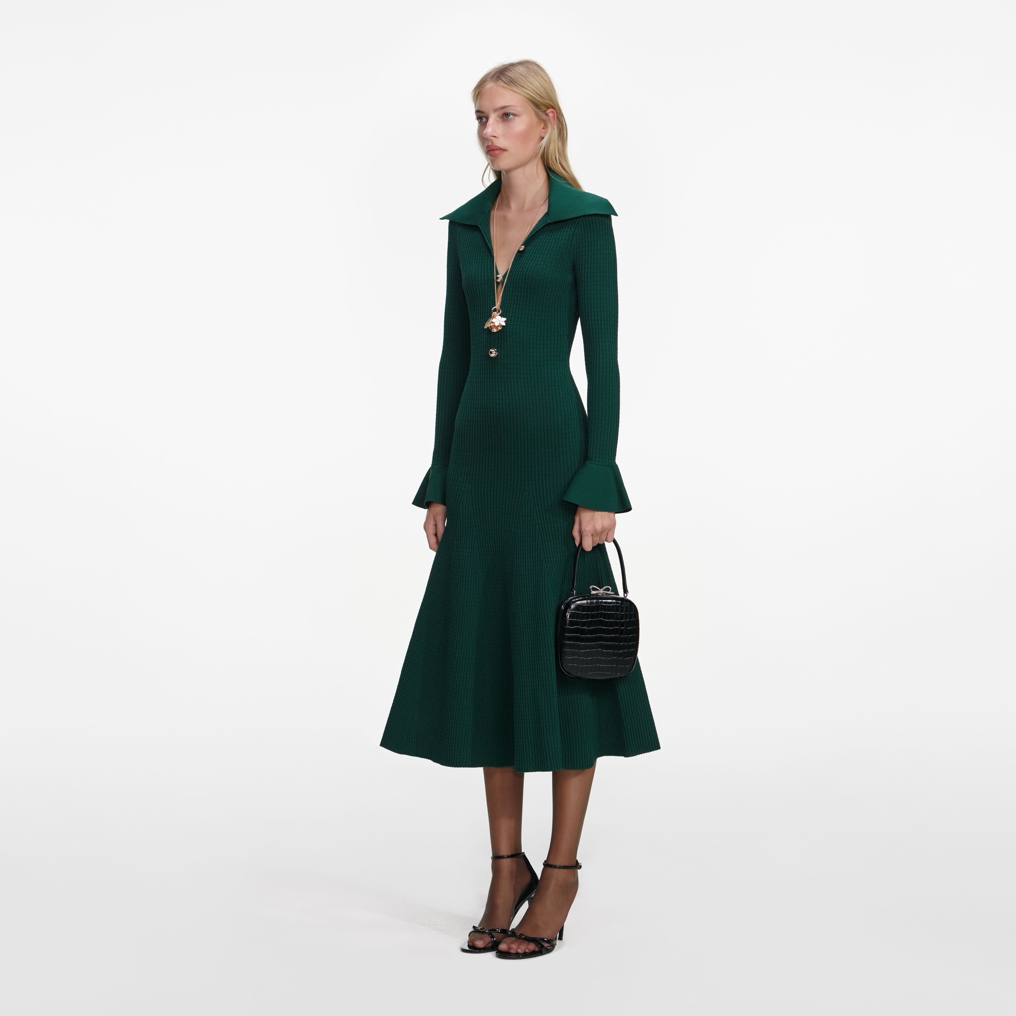 【PERVERZE】Pressed Knit Head Dress Green Keyhole Knit Midi Dress – self-portrait