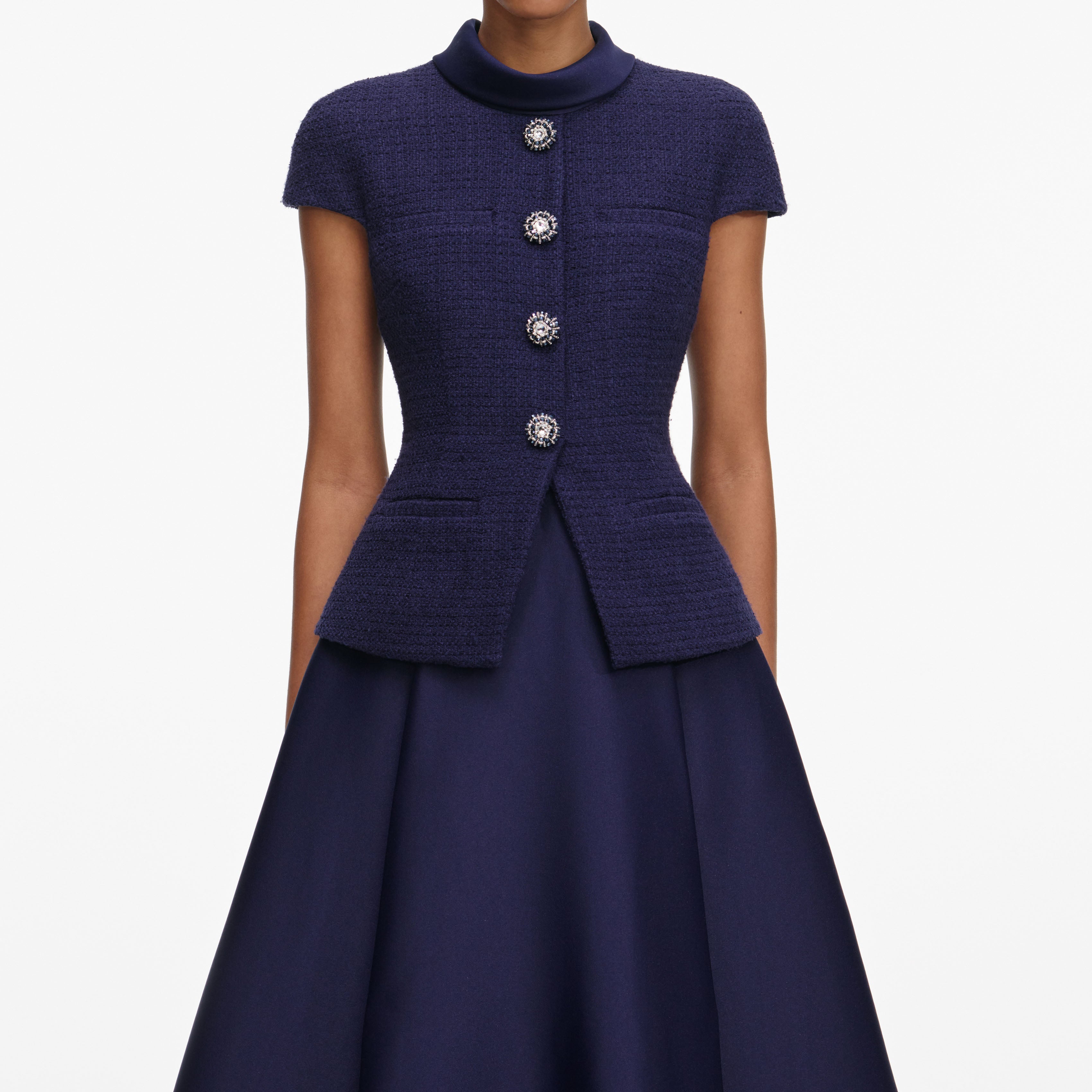 Navy Boucle Taffeta Midi Dress
