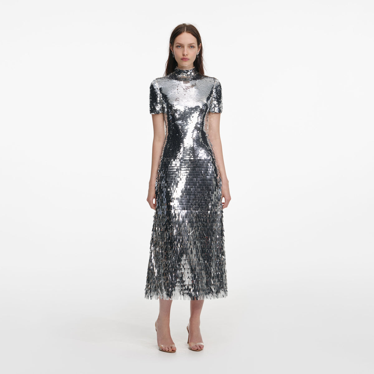 knee length dresses for ladies Silver Gradient Sequin Midi Dress – self-portrait