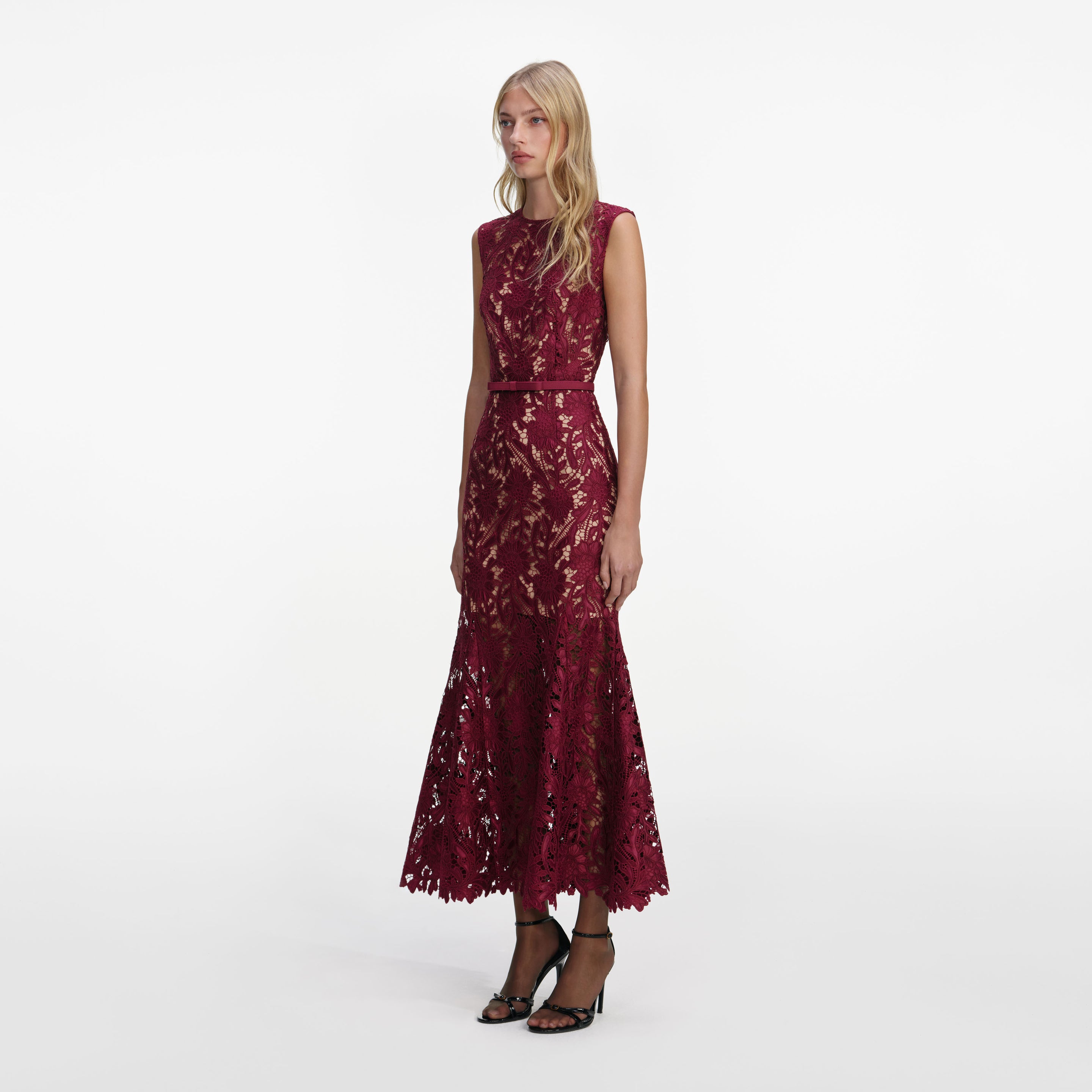 Burgundy Guipure Lace Midi Dress – self-portrait