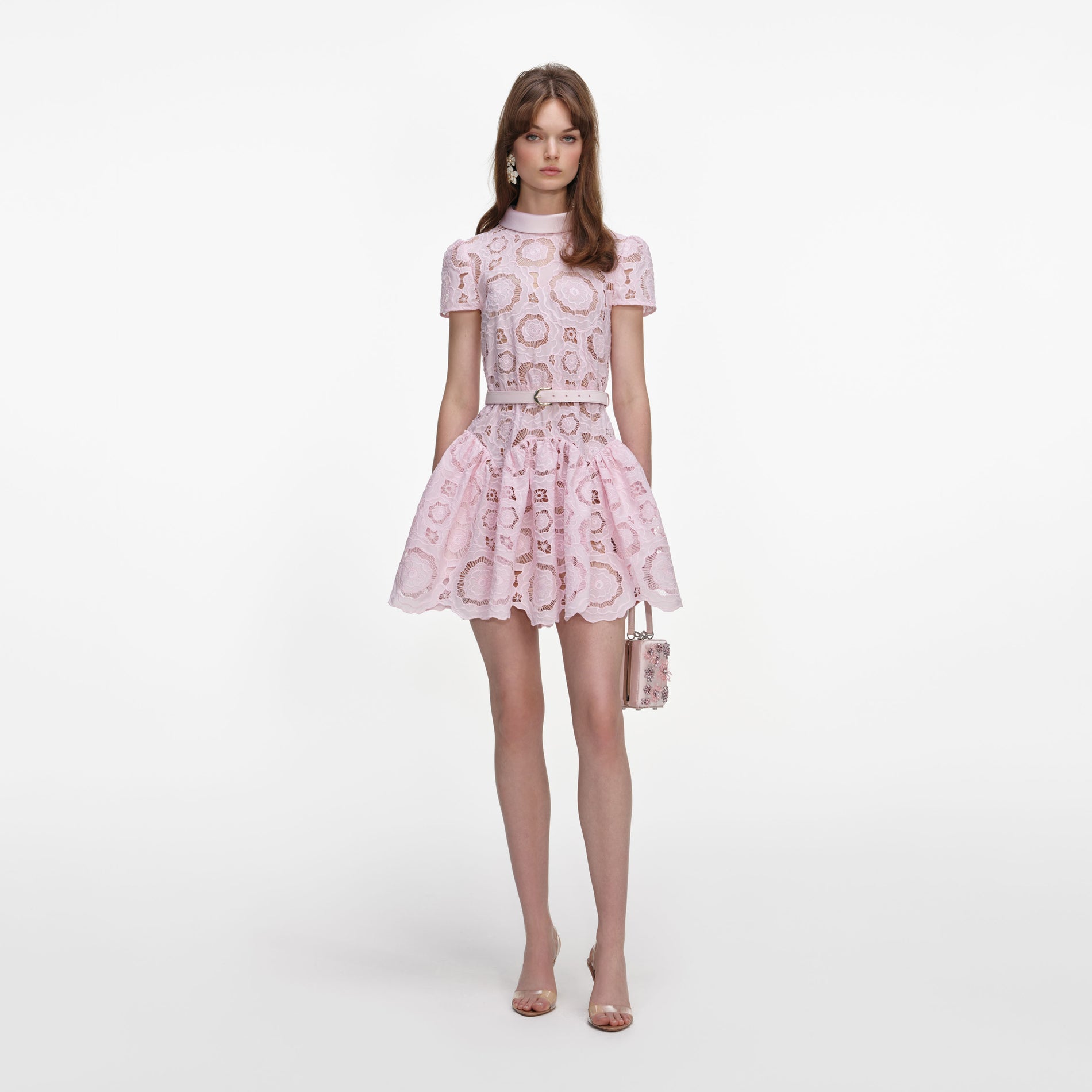 Front view of a woman wearing the Pink Floral Lace  Mini Dress