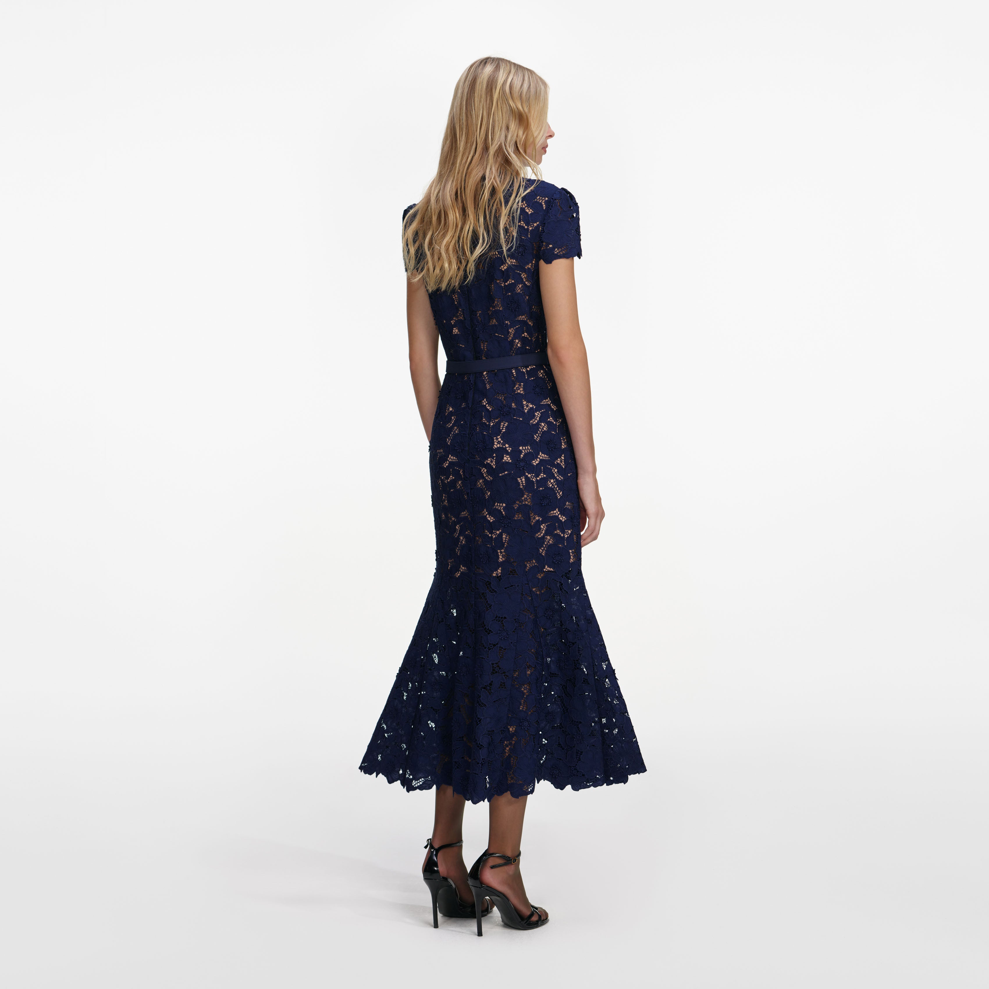 Navy Guipure Lace Midi Dress – self-portrait