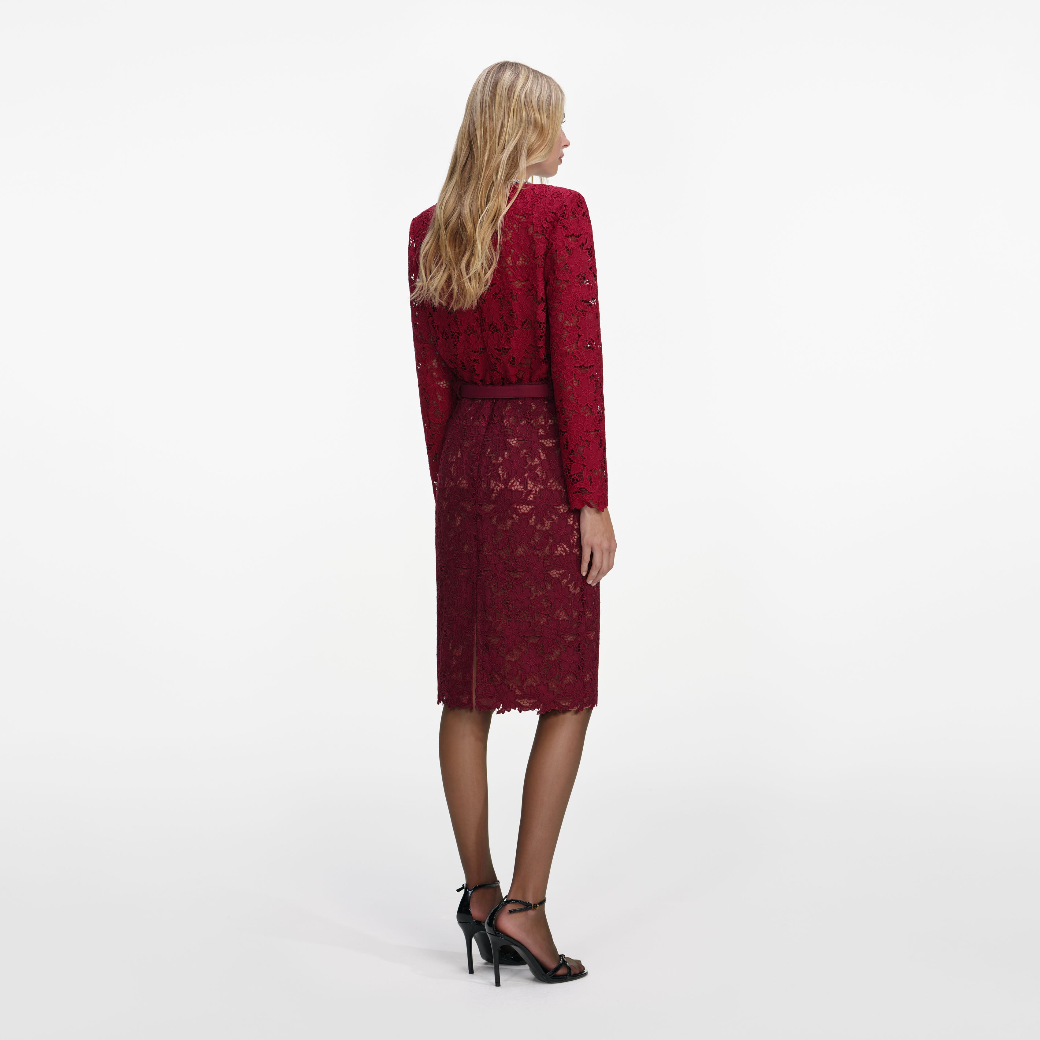 Burgundy Guipure Lace Midi Skirt