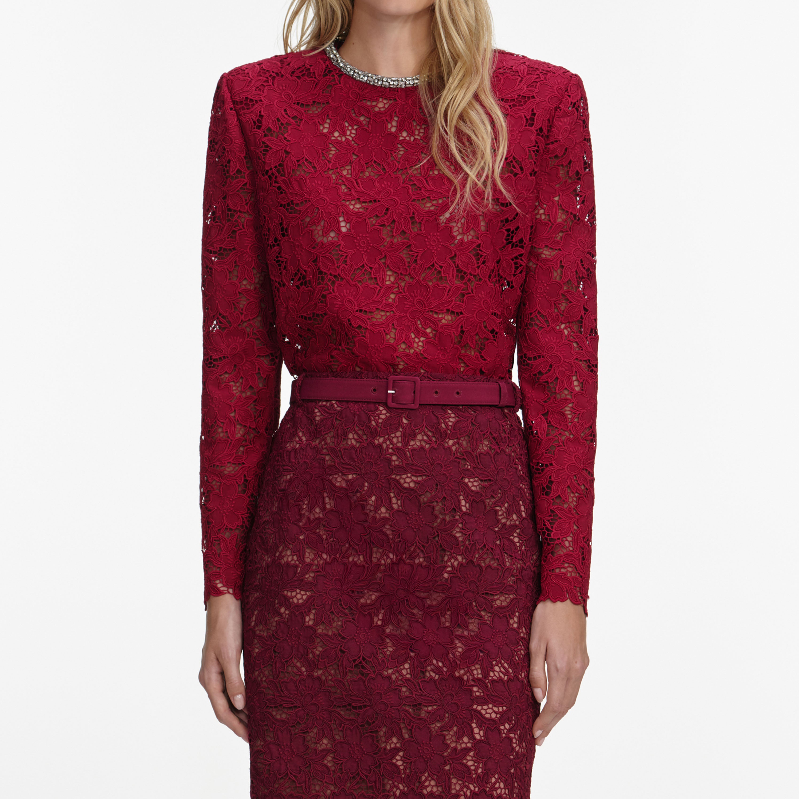 Burgundy Guipure Lace Midi Skirt