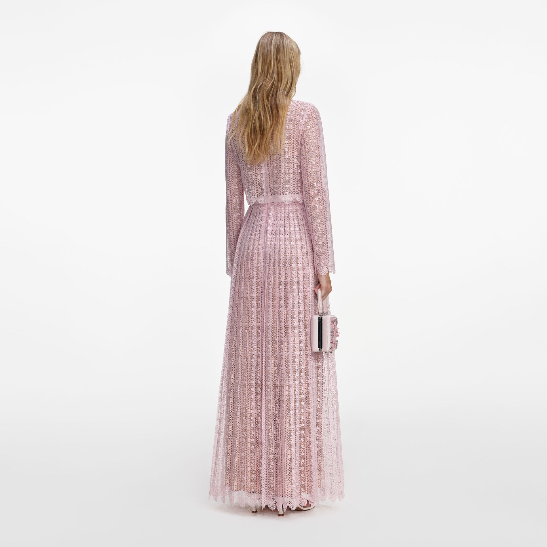 Back view of a woman wearing the Pink Organza Lace Maxi Dress