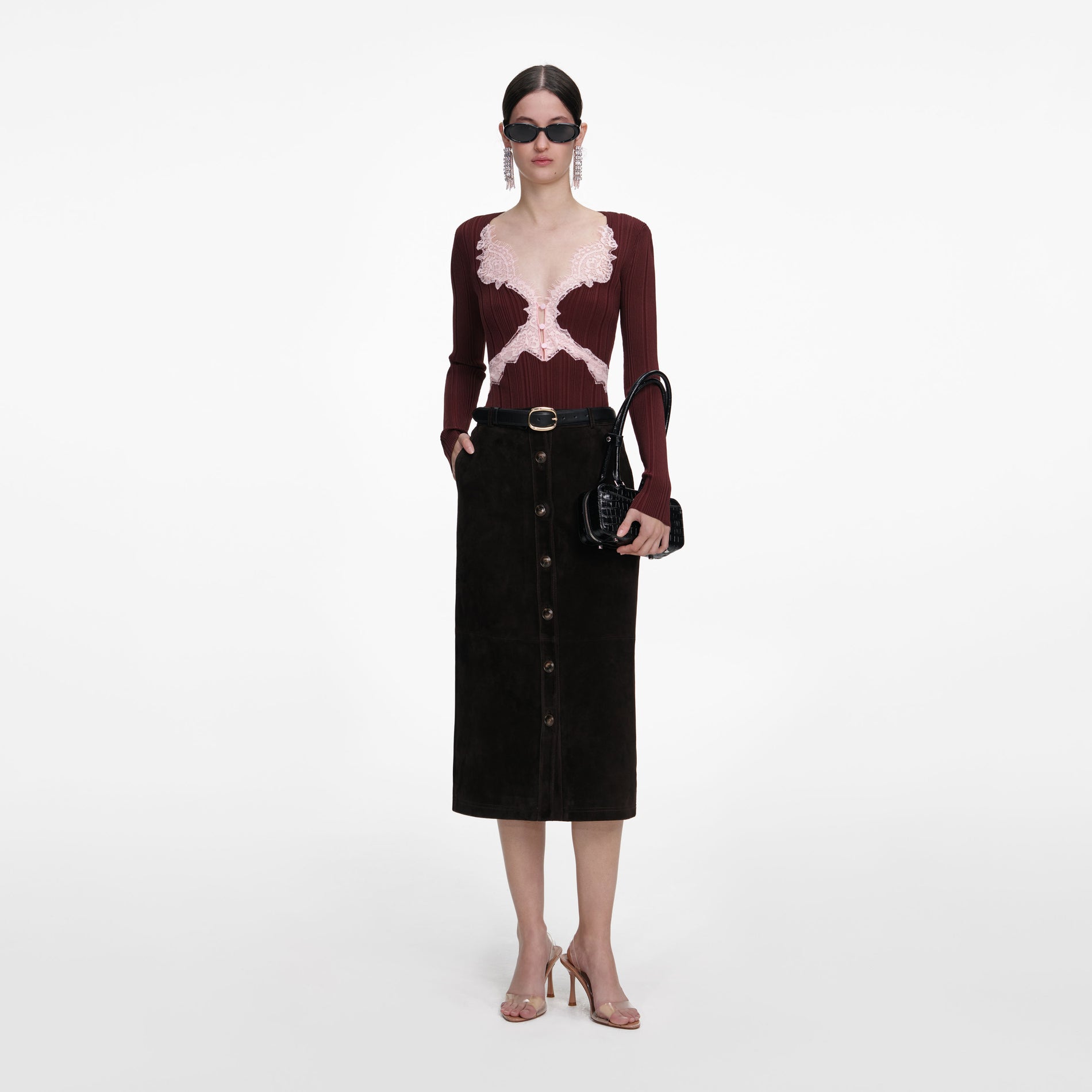 Front view of a woman wearing the Brown Contrast Lace Knit Top