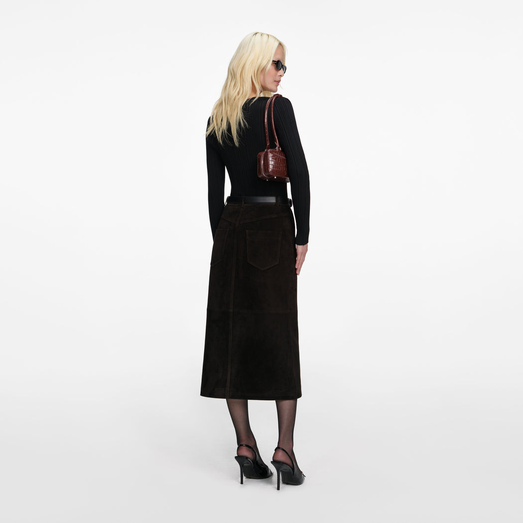 Back view of a woman wearing the Black Lace Knit Top
