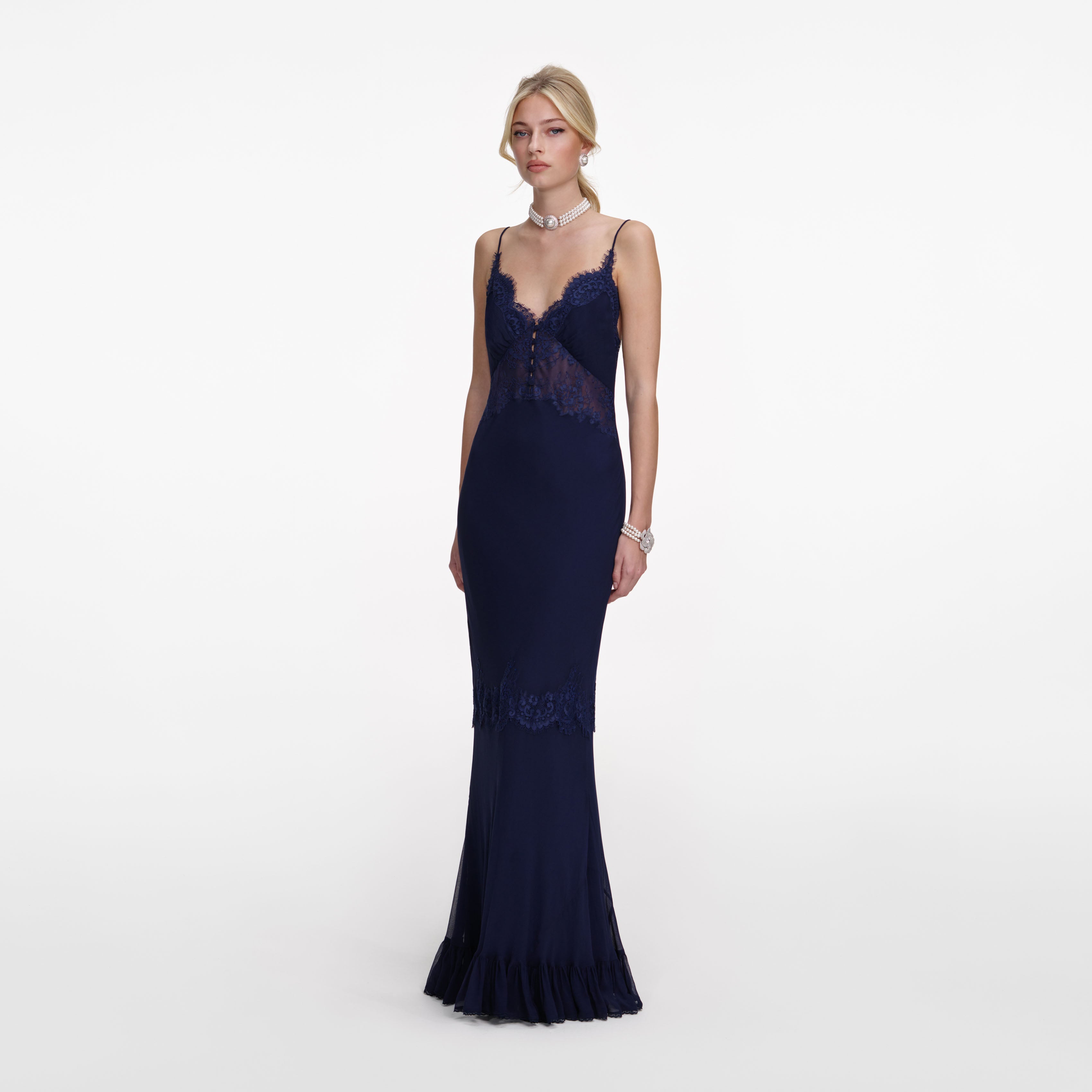 Navy Lace Georgette Maxi Dress – self-portrait