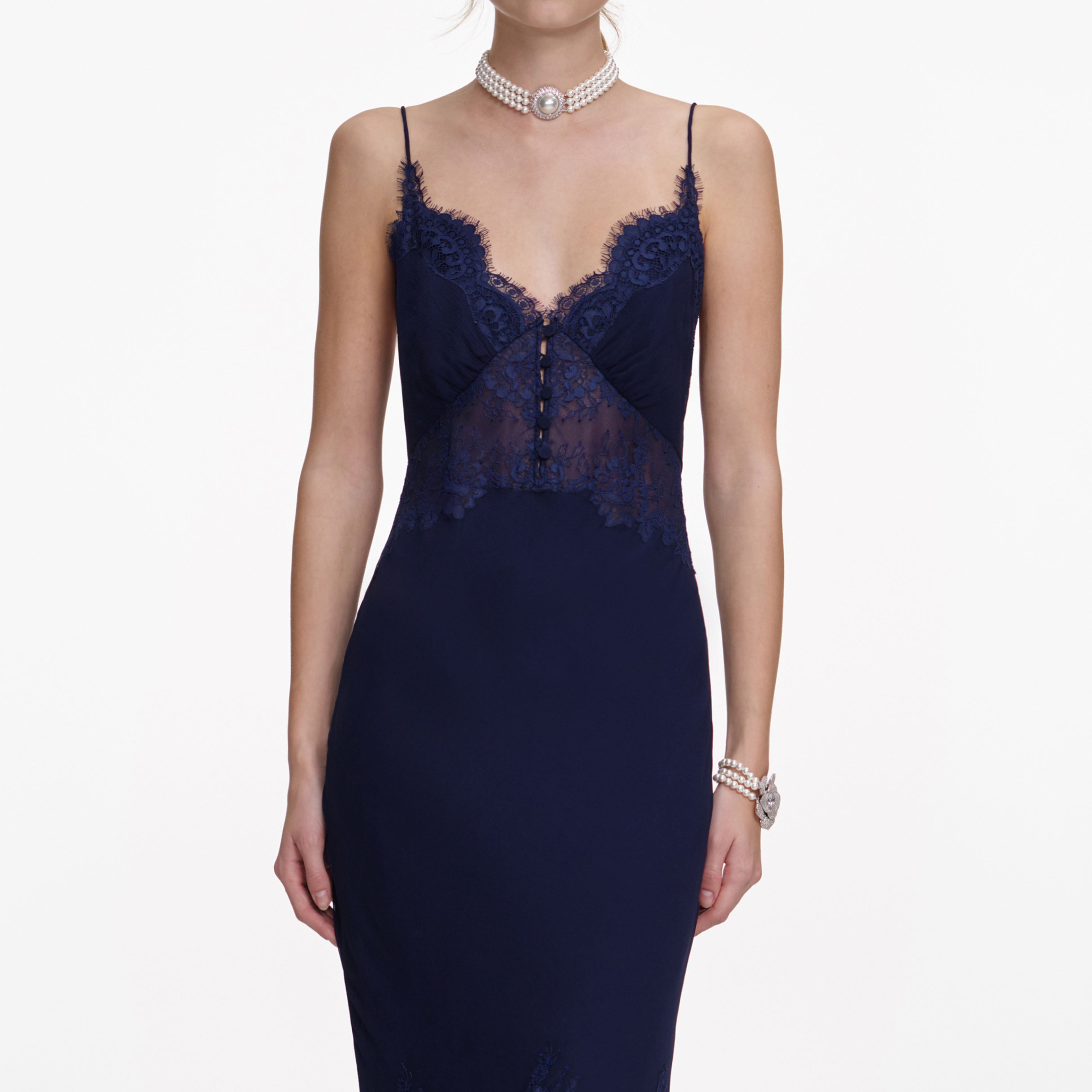 Navy Lace Georgette Maxi Dress – self-portrait