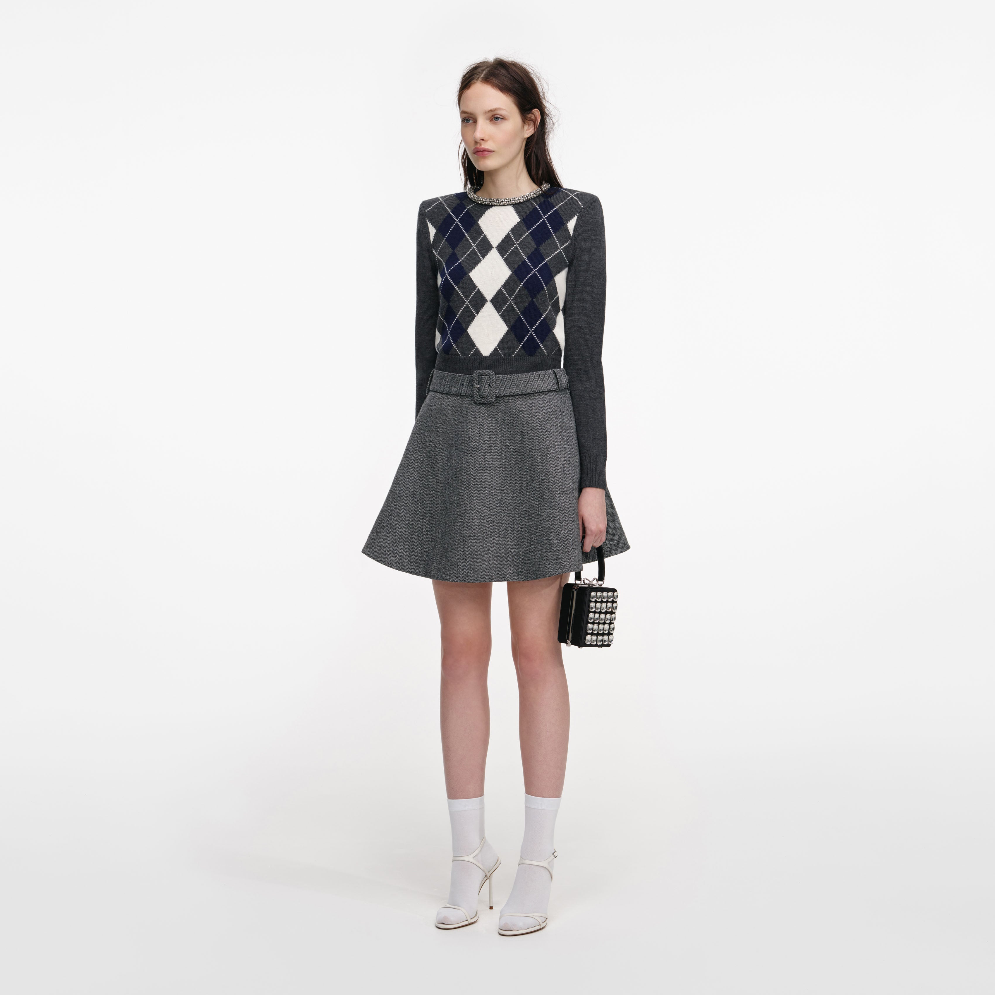 Grey Argyle Crystal Trim Jumper – self-portrait