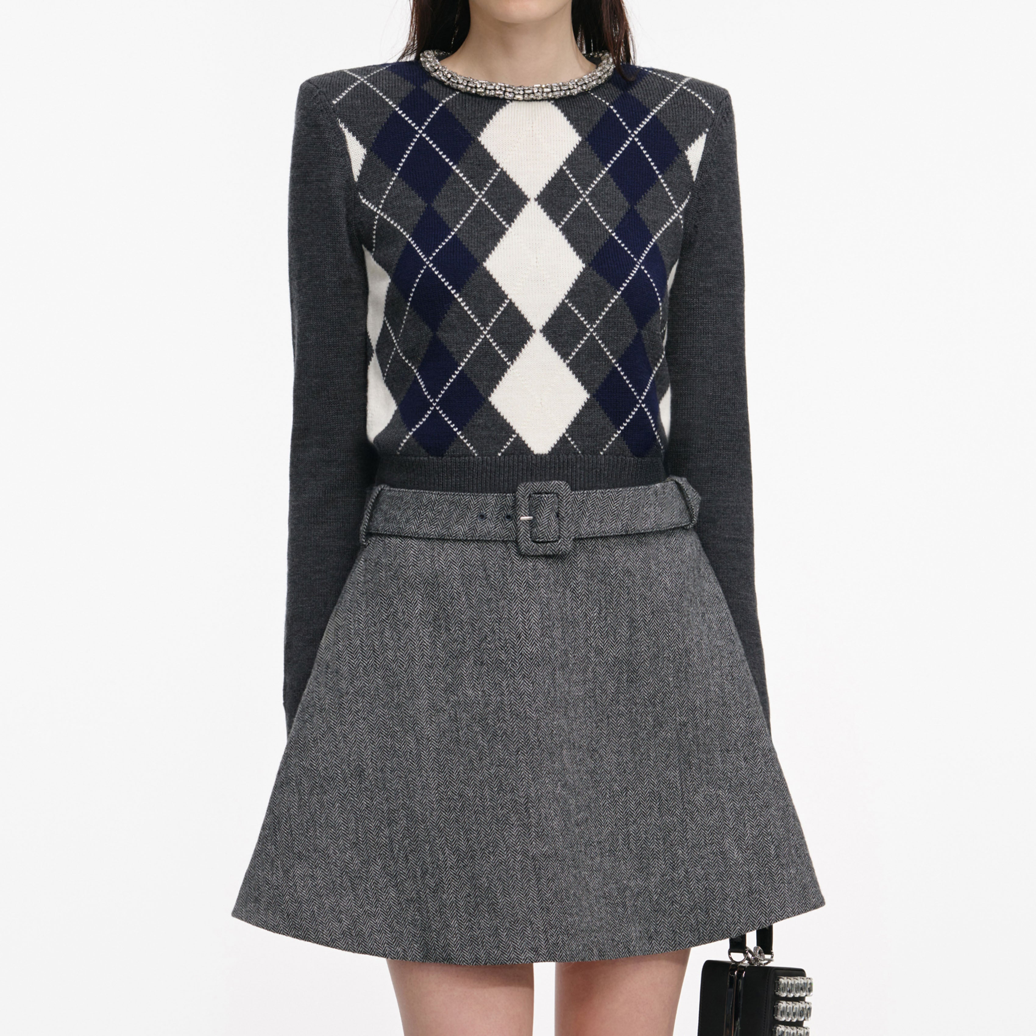 Grey Argyle Crystal Trim Jumper