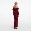 Burgundy Off Shoulder Gathered Lace Maxi Dress
