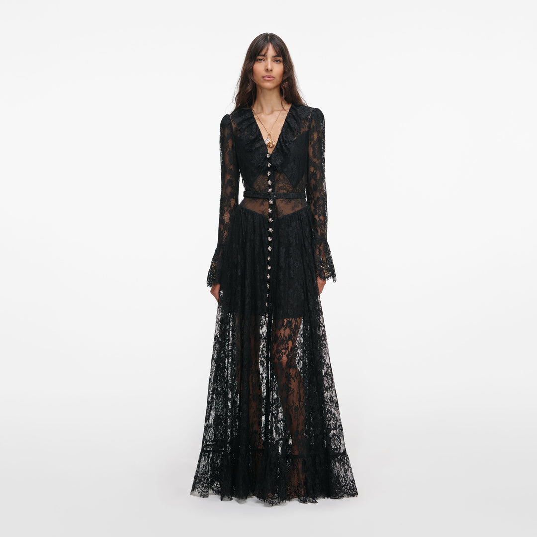 Black Lace Ruffle Maxi Dress – self-portrait