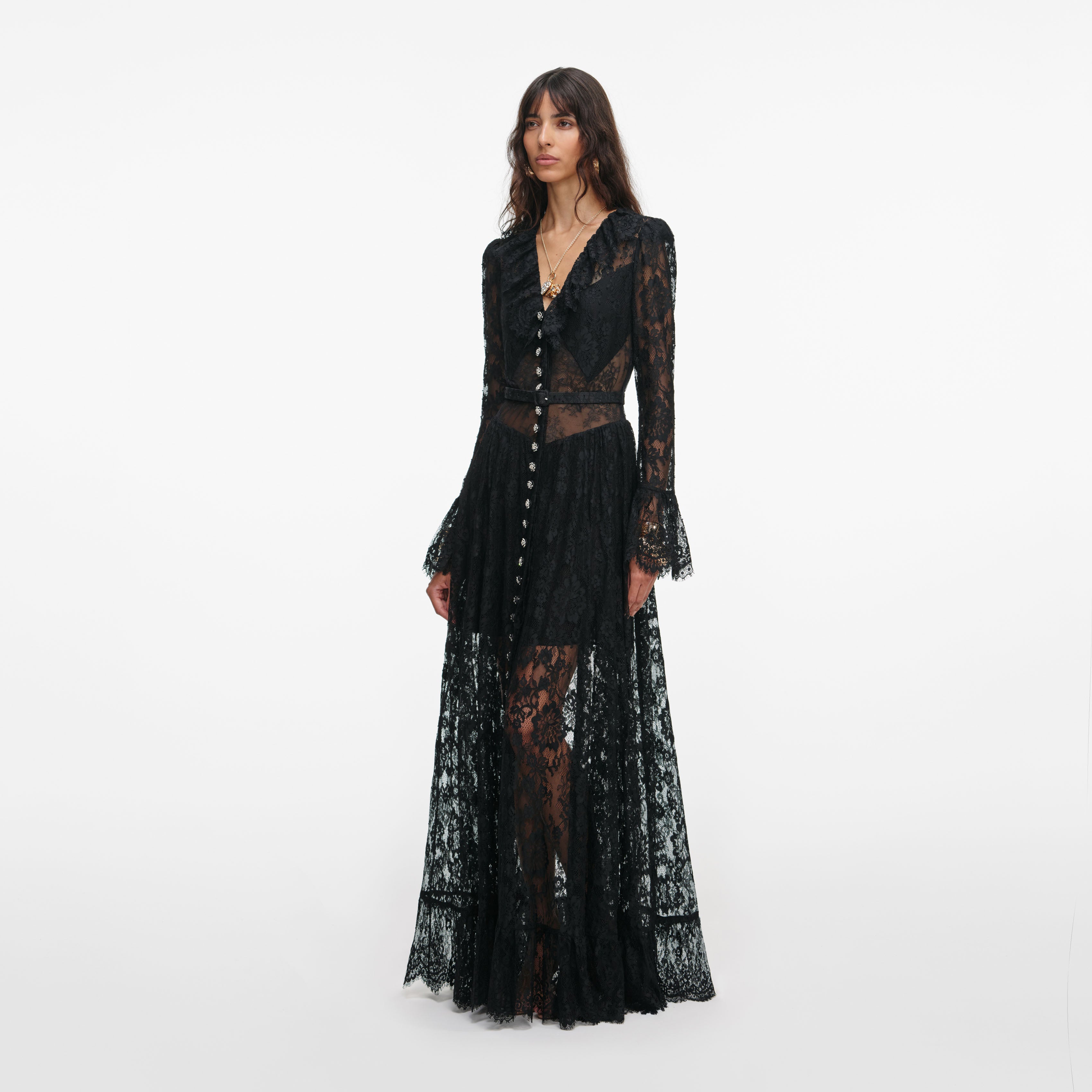 Black Lace Ruffle Maxi Dress – self-portrait