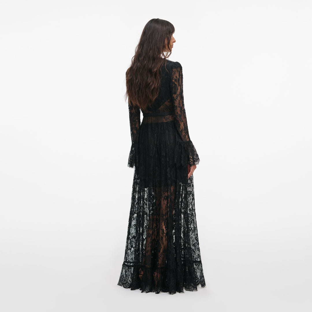Black Lace Ruffle Maxi Dress – self-portrait