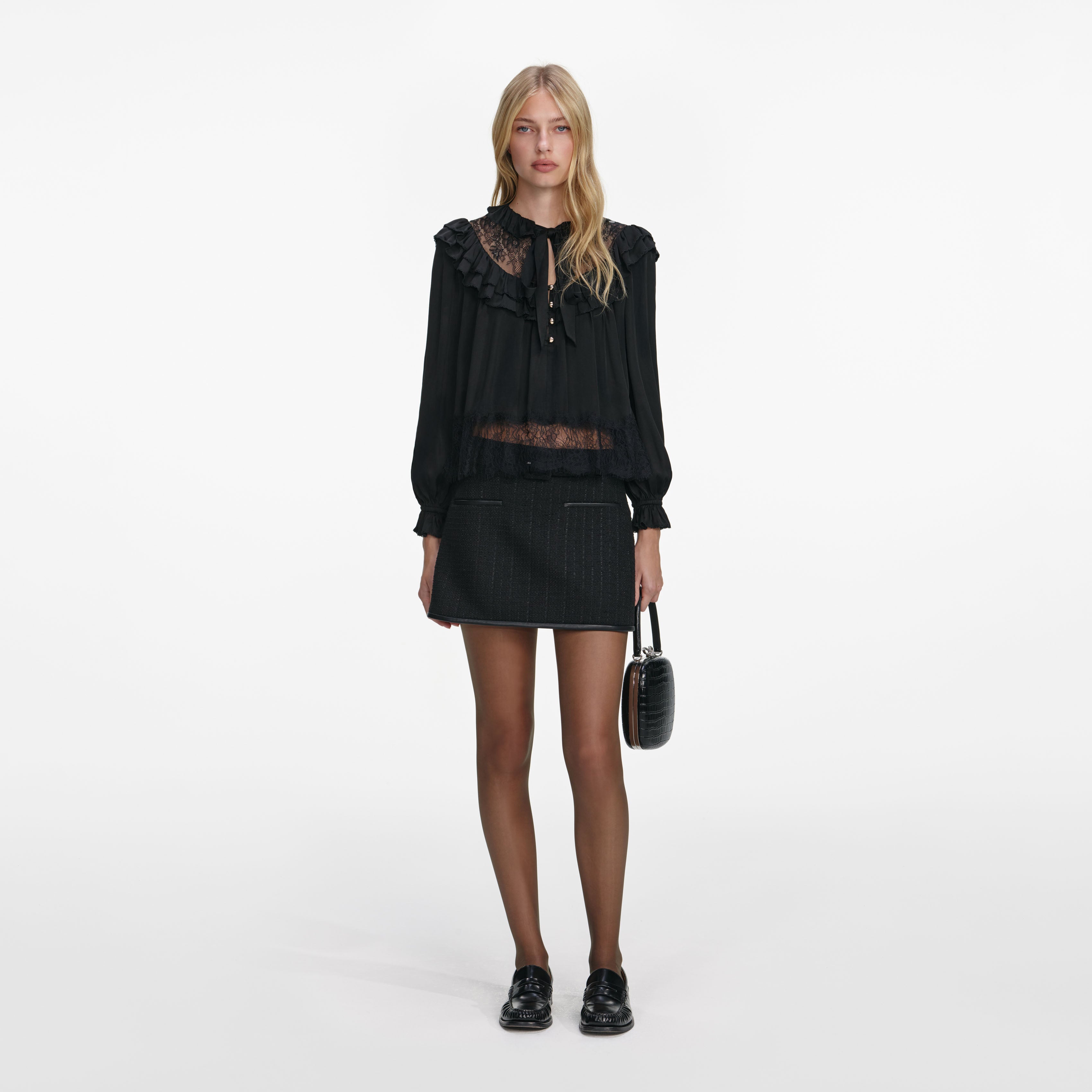 Black Rhinestone Lace Sleeve Top – self-portrait