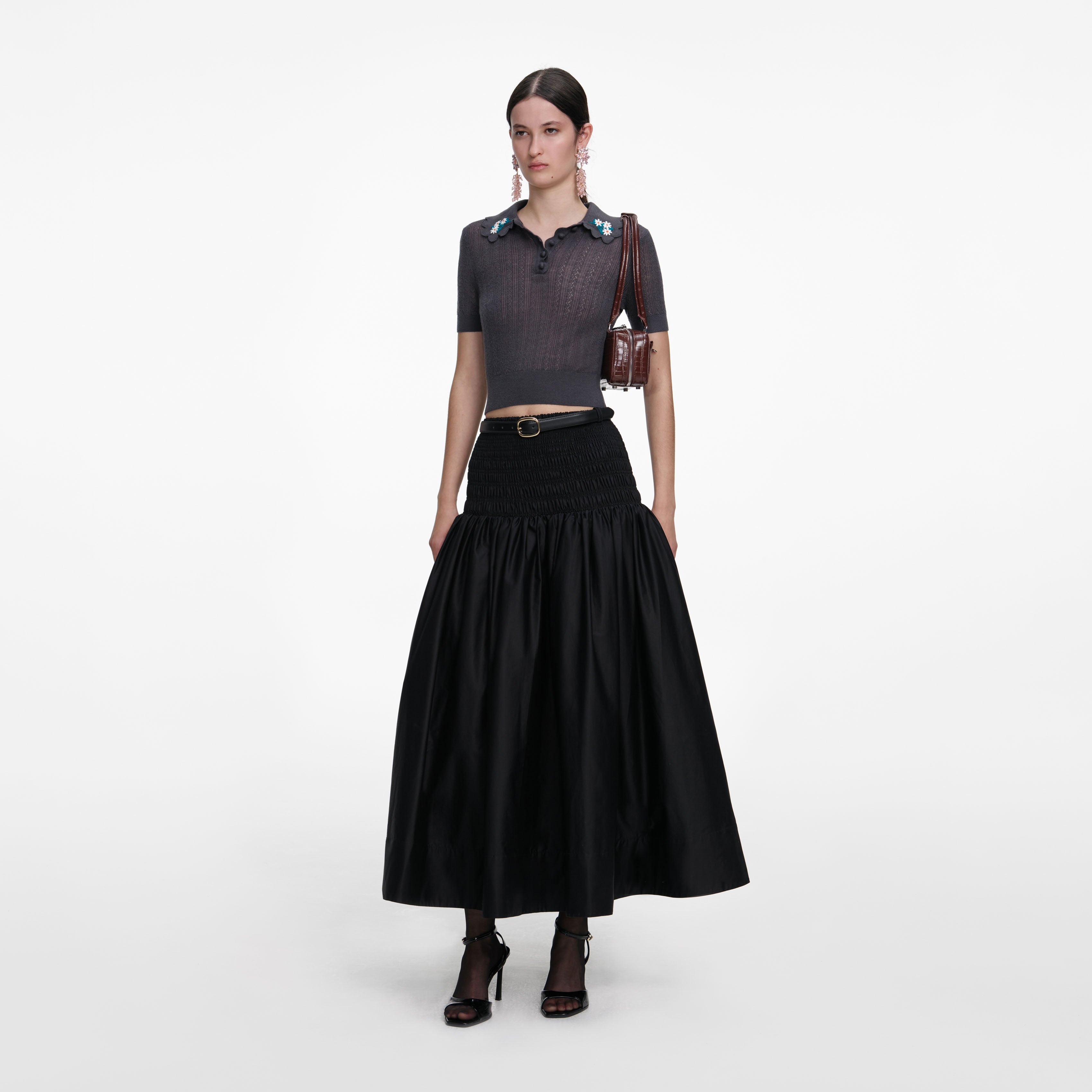 Grey Embroidered Pointelle Knit Top