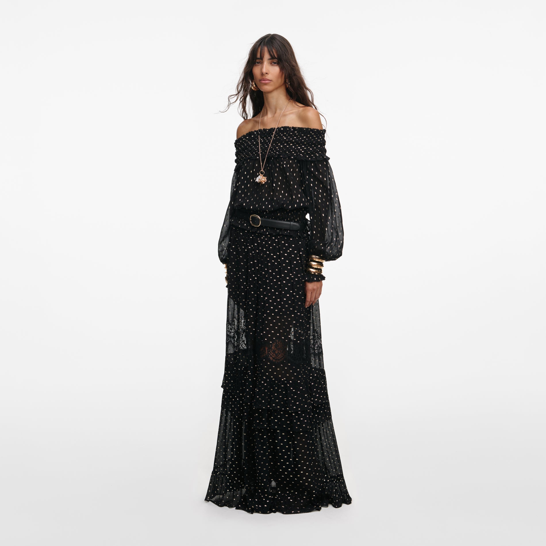 Black And Gold Chiffon Lace Maxi Skirt