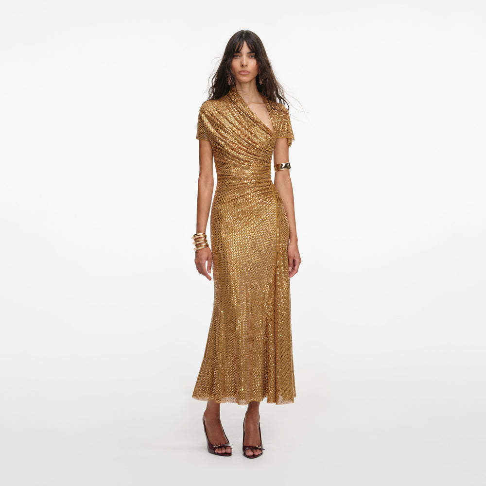 Gold Rhinestone Drape Midi Dress – self-portrait