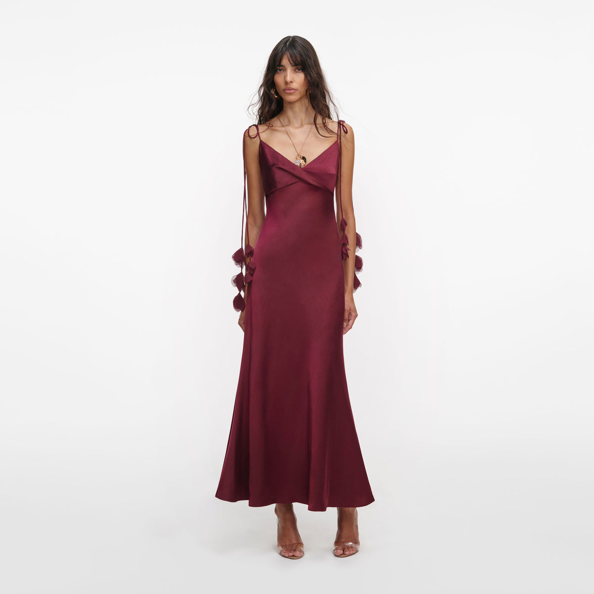 Burgundy Satin Flower Midi Dress – self-portrait