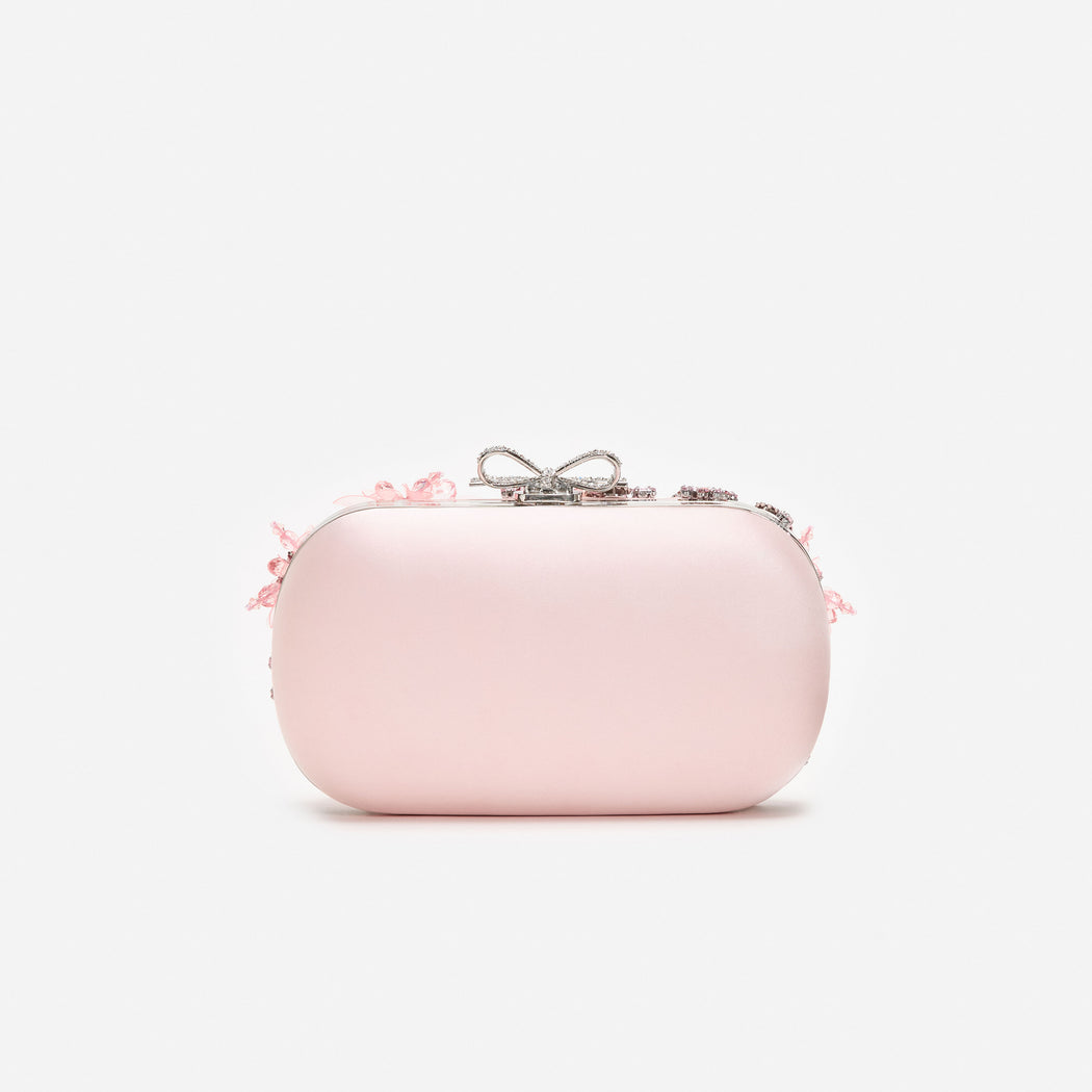Pink Satin Floral Crystal Clutch