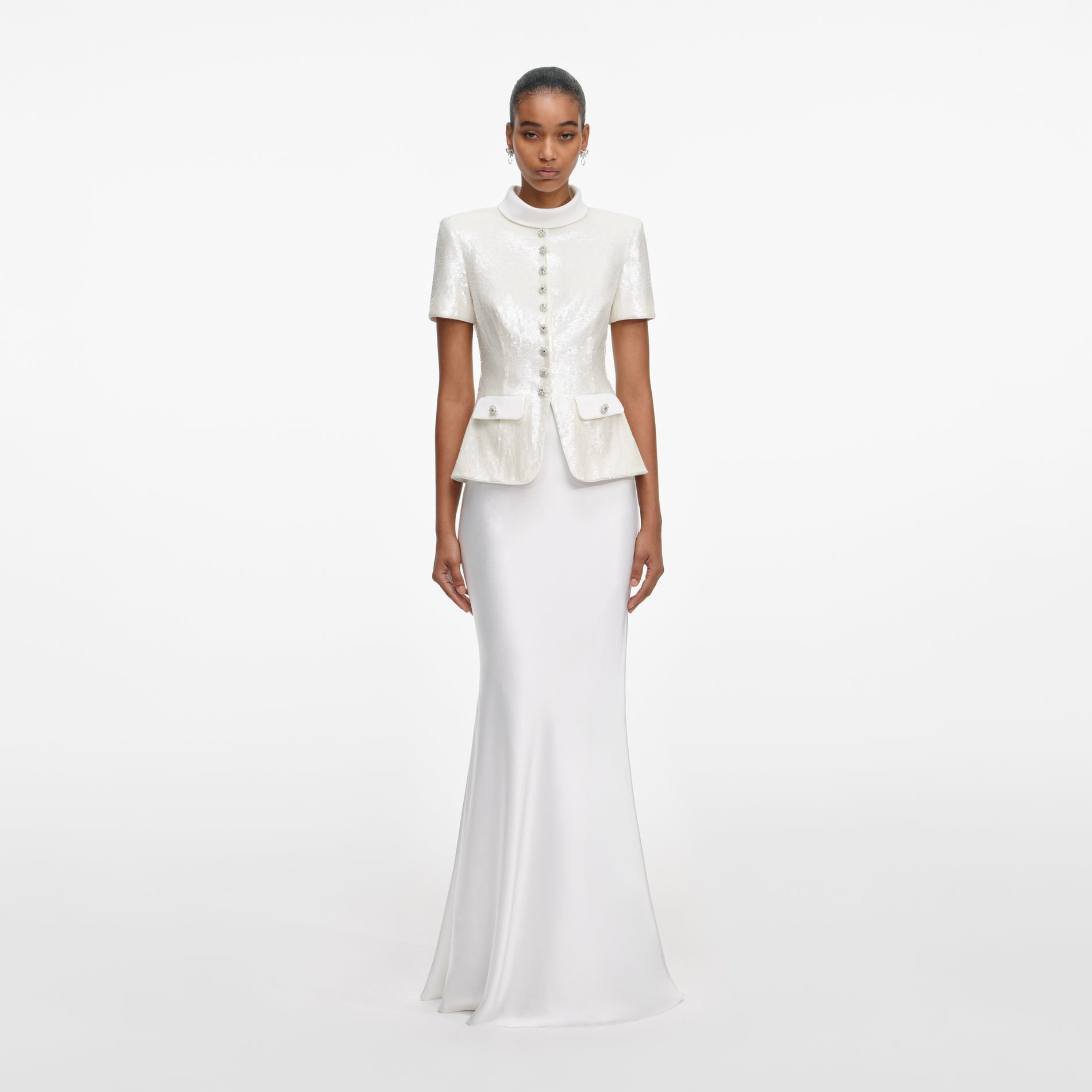 Front view of a woman wearing the White Sequin Tailored Maxi Dress