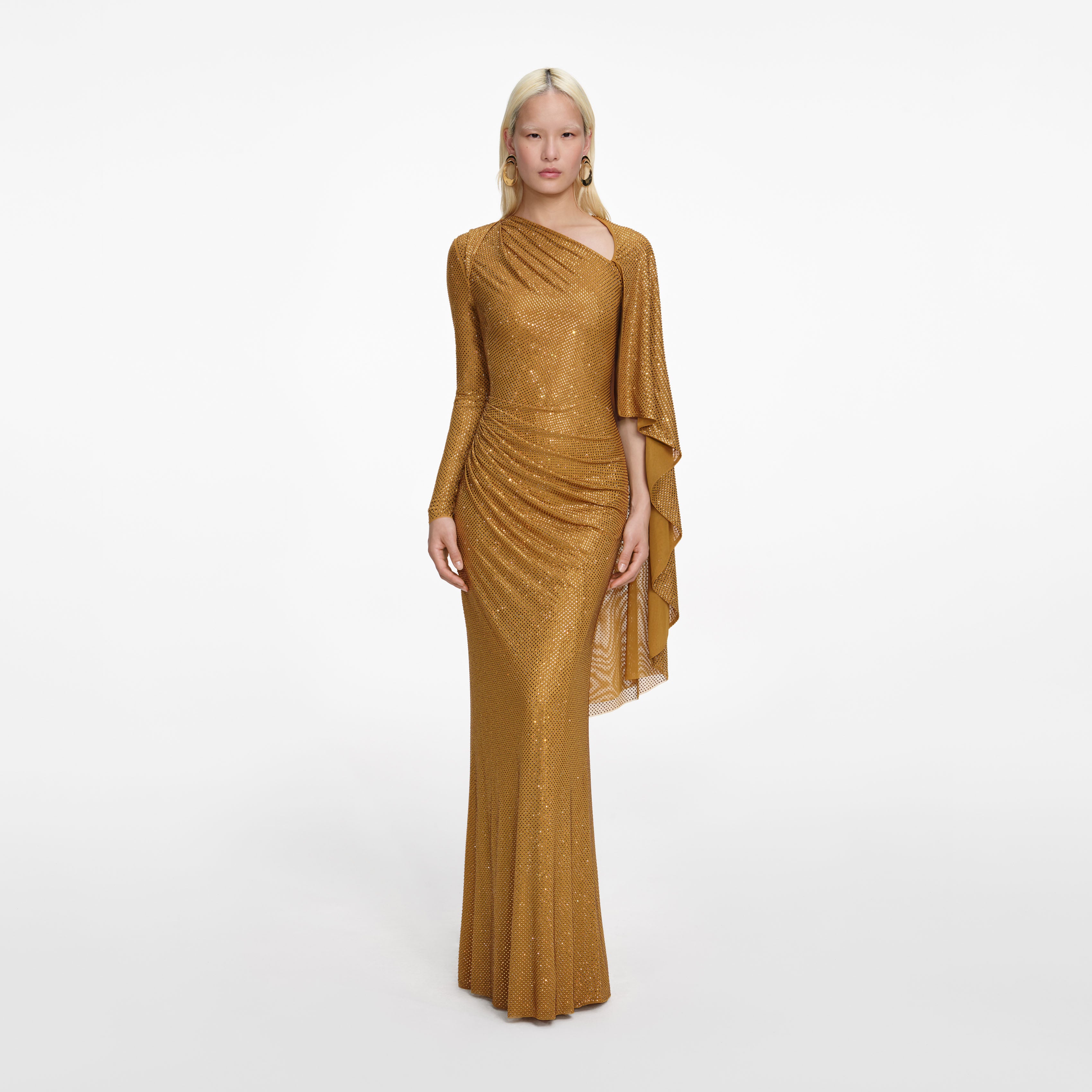 Gold Rhinestone Drape Maxi Dress