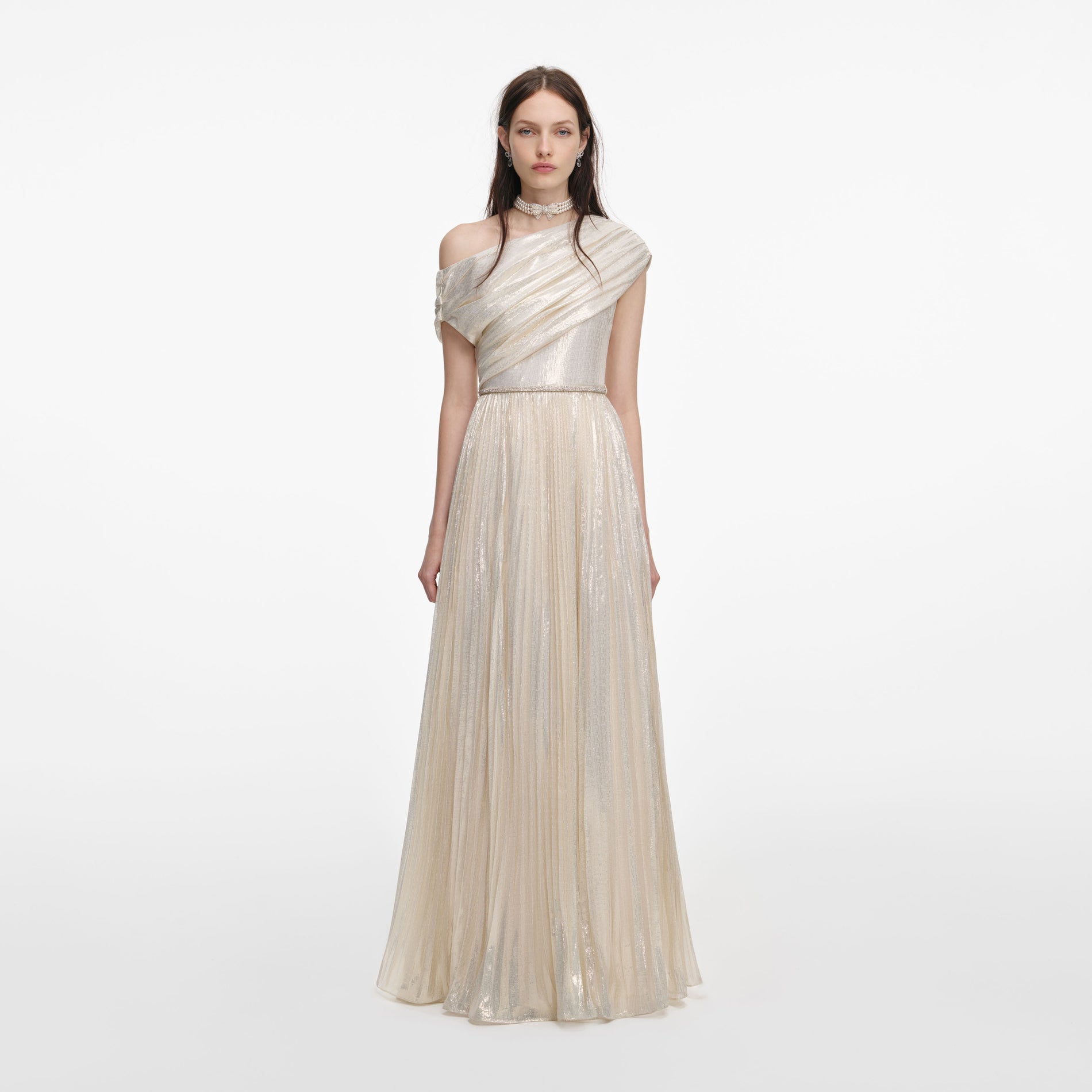 Front view of a woman wearing the Champagne Metallic Chiffon Maxi Dress