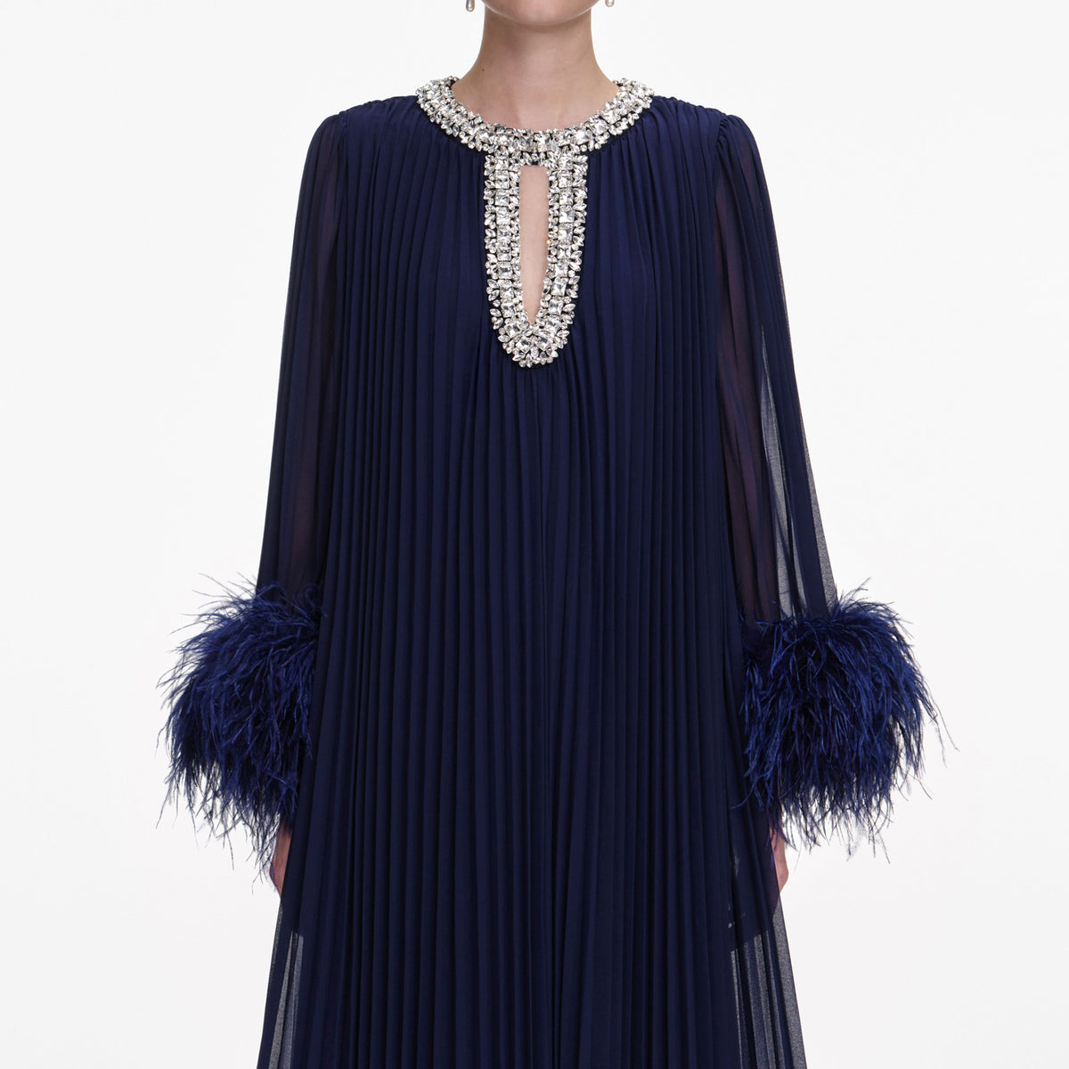 Navy Chiffon Feather Midi Dress – self-portrait
