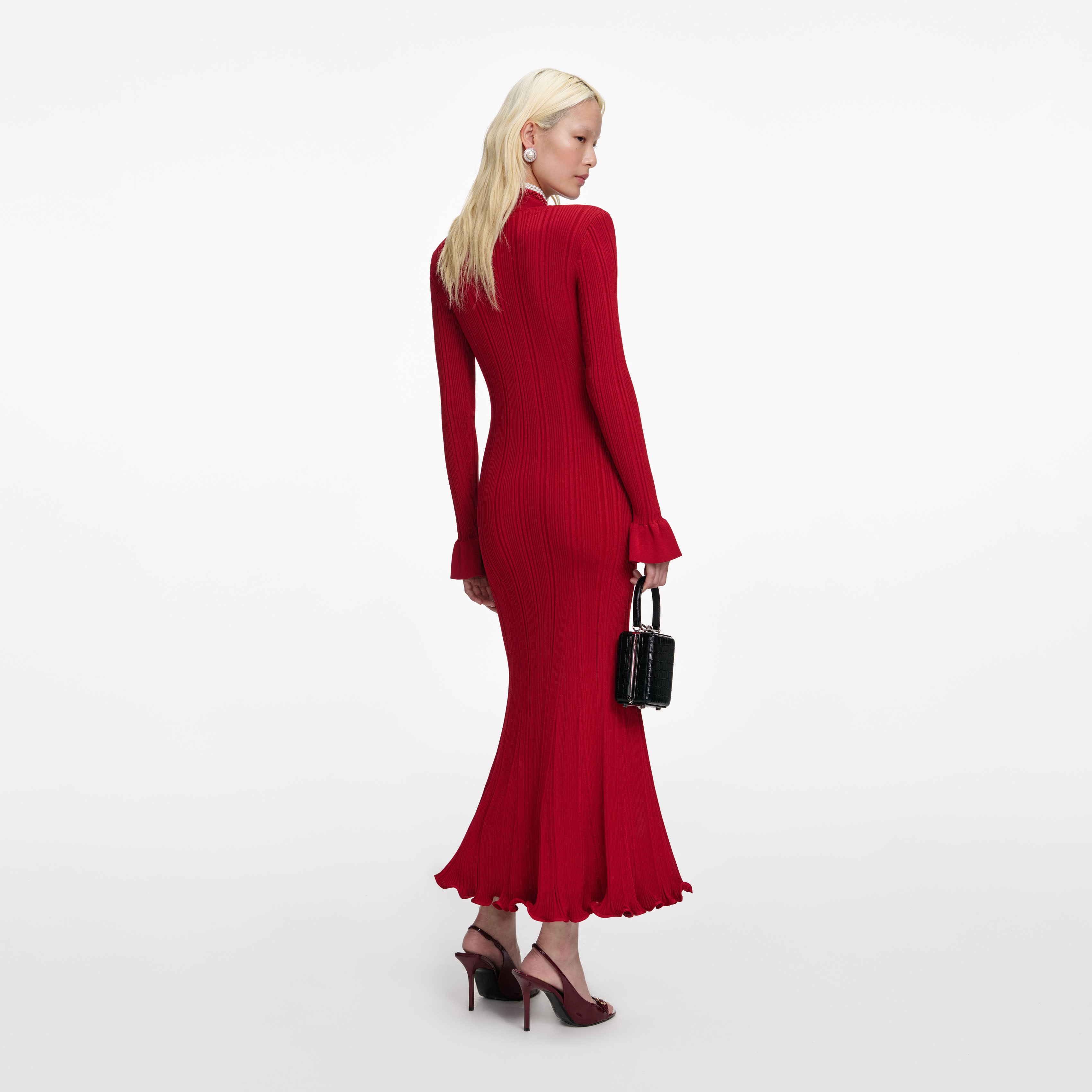 Red Pearl Trim Knit Midi Dress – self-portrait