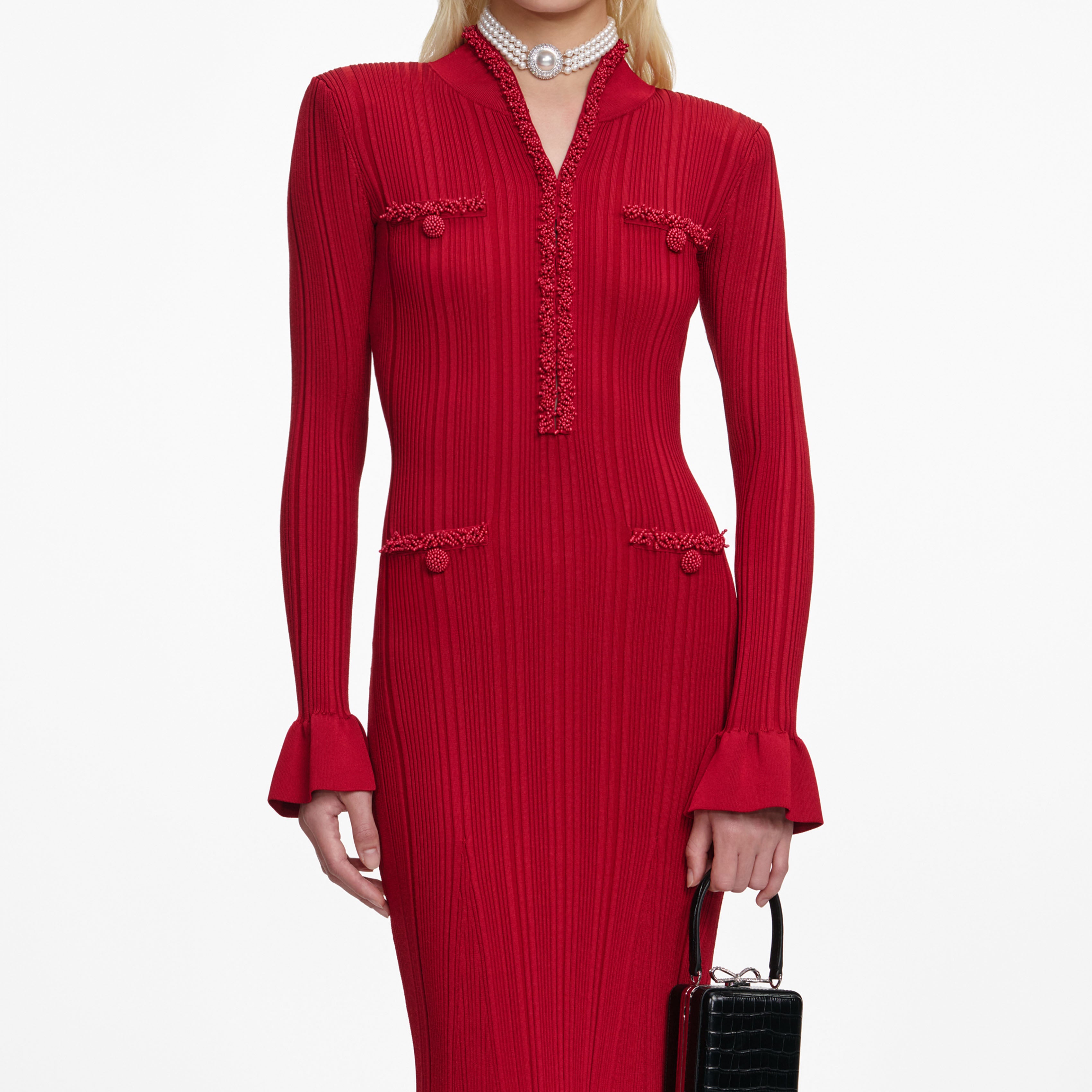 Red Pearl Trim Knit Midi Dress – self-portrait