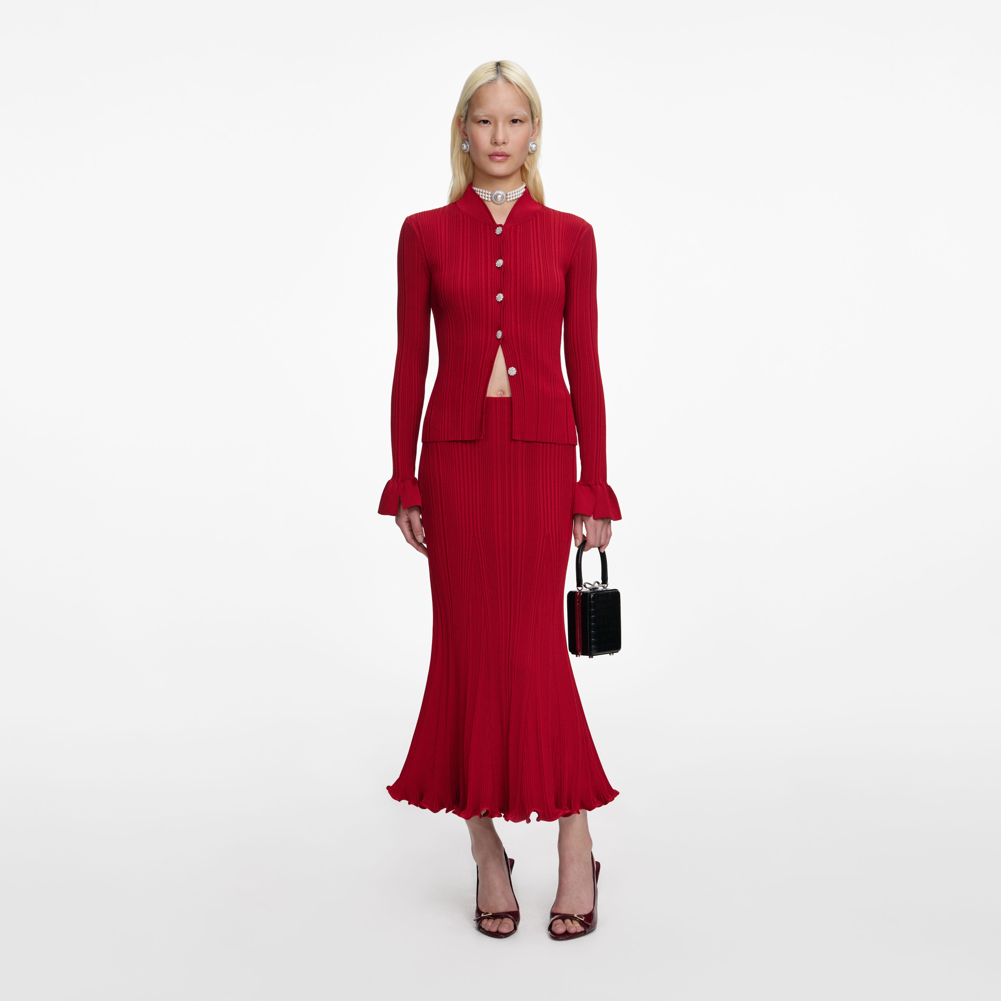 Red Pearl Trim Knit Midi Dress – self-portrait