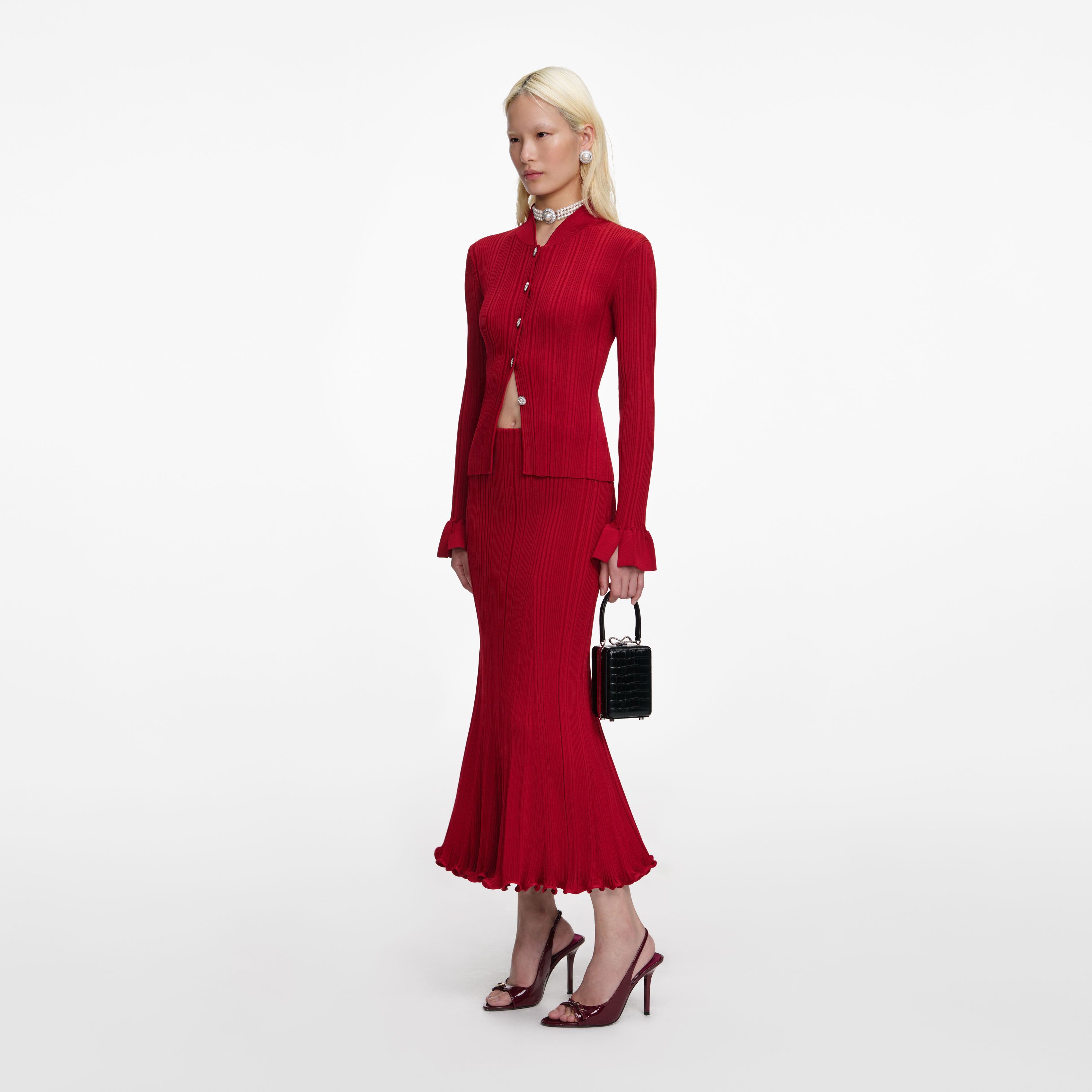 Red Viscose Knit Midi Skirt – self-portrait